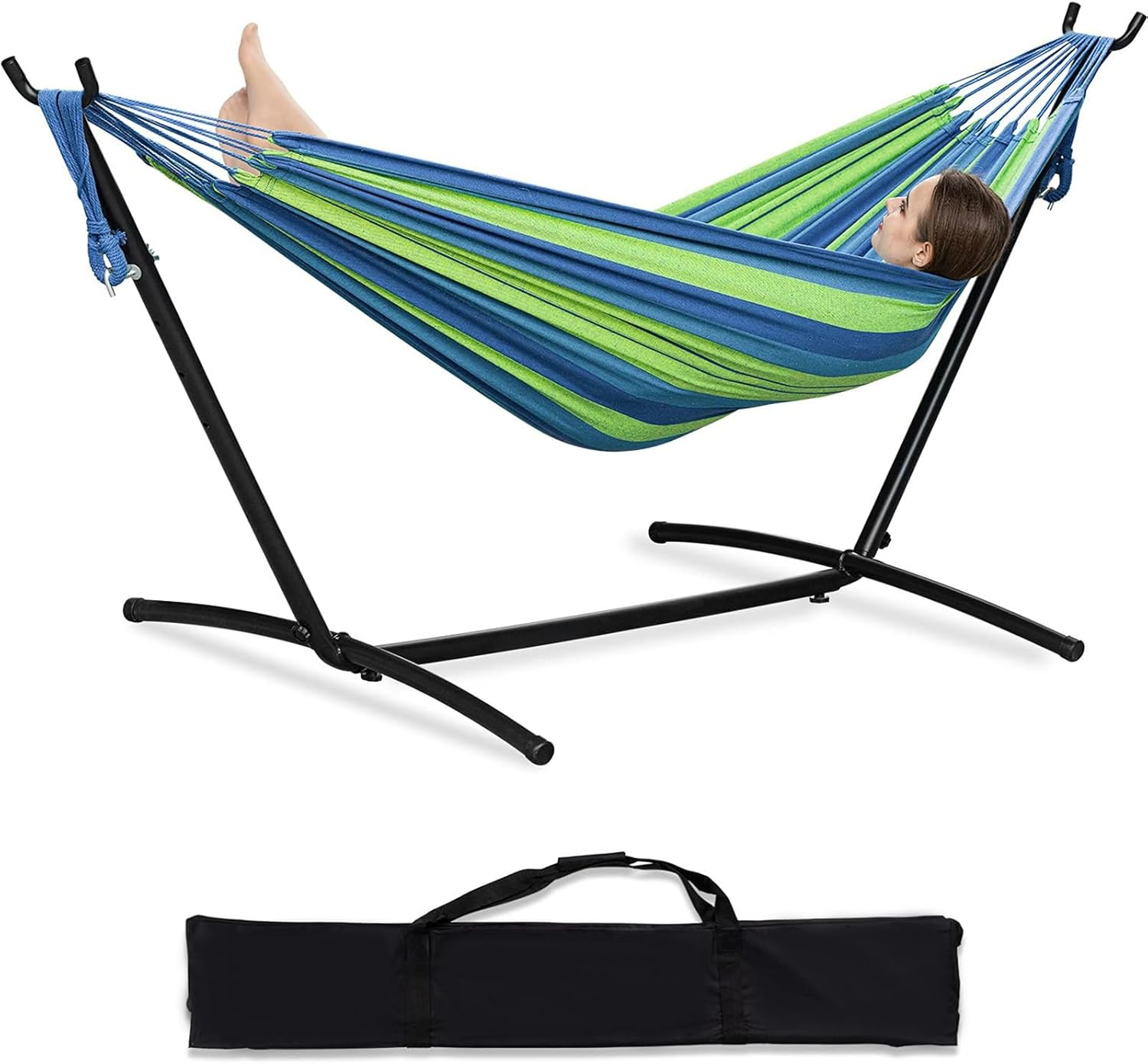 Adjustable Hammock Stand Portable Double Hammock with Space Saving Steel Stand 450 Lbs Capacity, 2 Person Heavy Duty Standing Hammock for Camping Beach Patio Garden Yard Outdoor & Carrying Bag, Blue image number 2