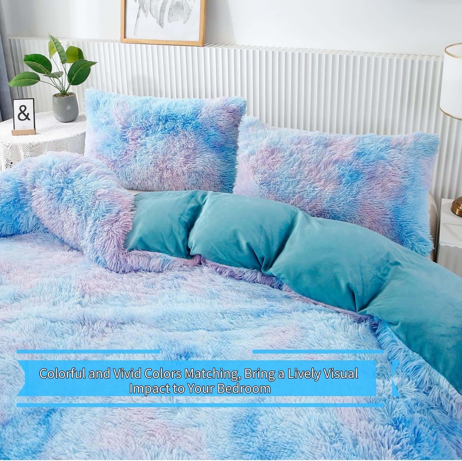RYNGHIPY Super Soft Fuzzy Faux Fur Duvet Cover Set, Twin Bedding Sets for Girls, Blue Tie Dye Plush & Velvet Flannel Comforter Cover with 2 Pillowcases (Colorful Blue,Twin) image number 5
