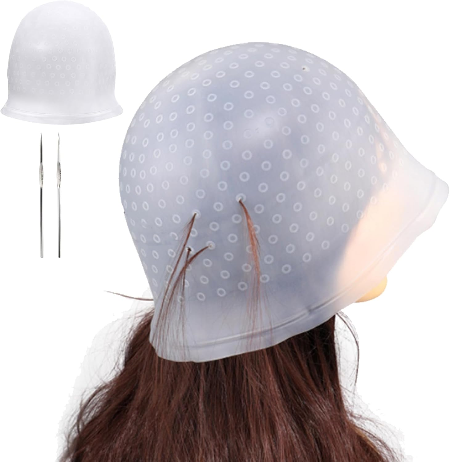 2Pcs Silicone Salon with Crochet Highlight Cap for Dying Hair Flexible Women Men(Color:Transparent White) image number 3