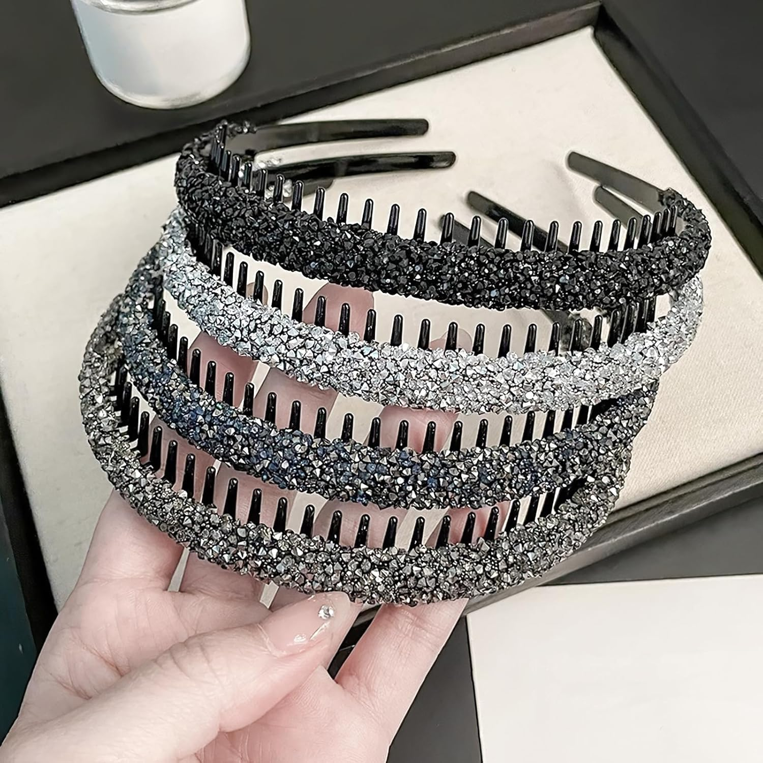 Black Silver Grey Dark Blue Rhinestone Headband for Women, with Teeth, Non-Slip Headband image number 5