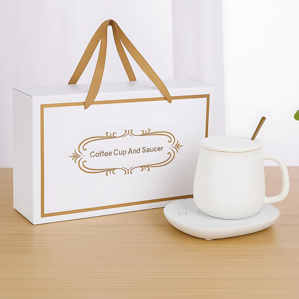 Smart Electric Coffee Mug Warmer with Ceramic Mug Included &ndash; Desktop Beverage Heating Plate for Office & Home &ndash; Keeps Coffee, Tea, Milk, Hot Chocolate or Water Warm Auto Shut off Safety Design (White) image number 1