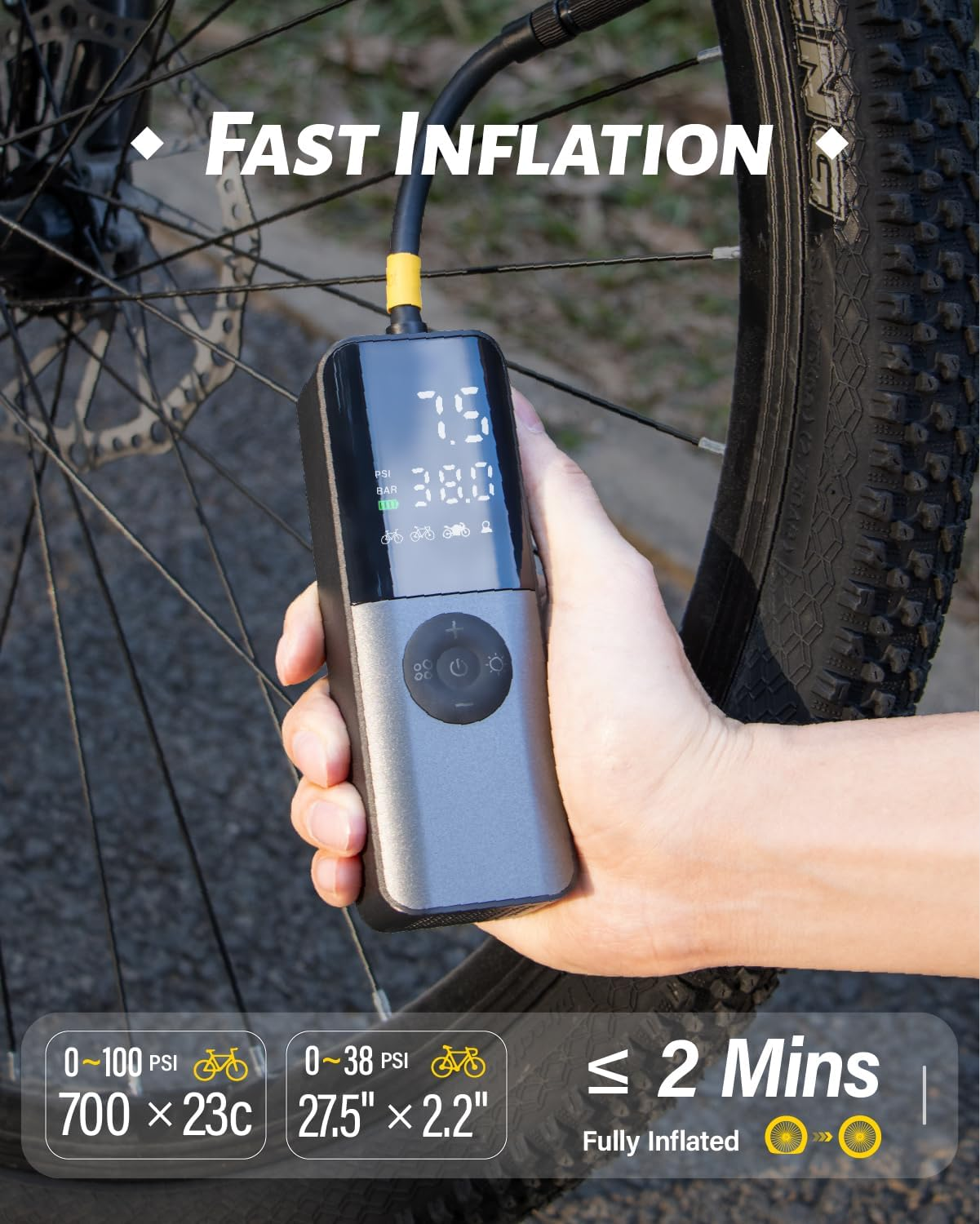 Electric Air Pump: 150Psi Portable Bicycle Tire Inflator with Digital Pressure Gauge for Road, Mountain, E-Bike, Motorcycle - Presta, Schrader, Dunlop Valve Accessories image number 4