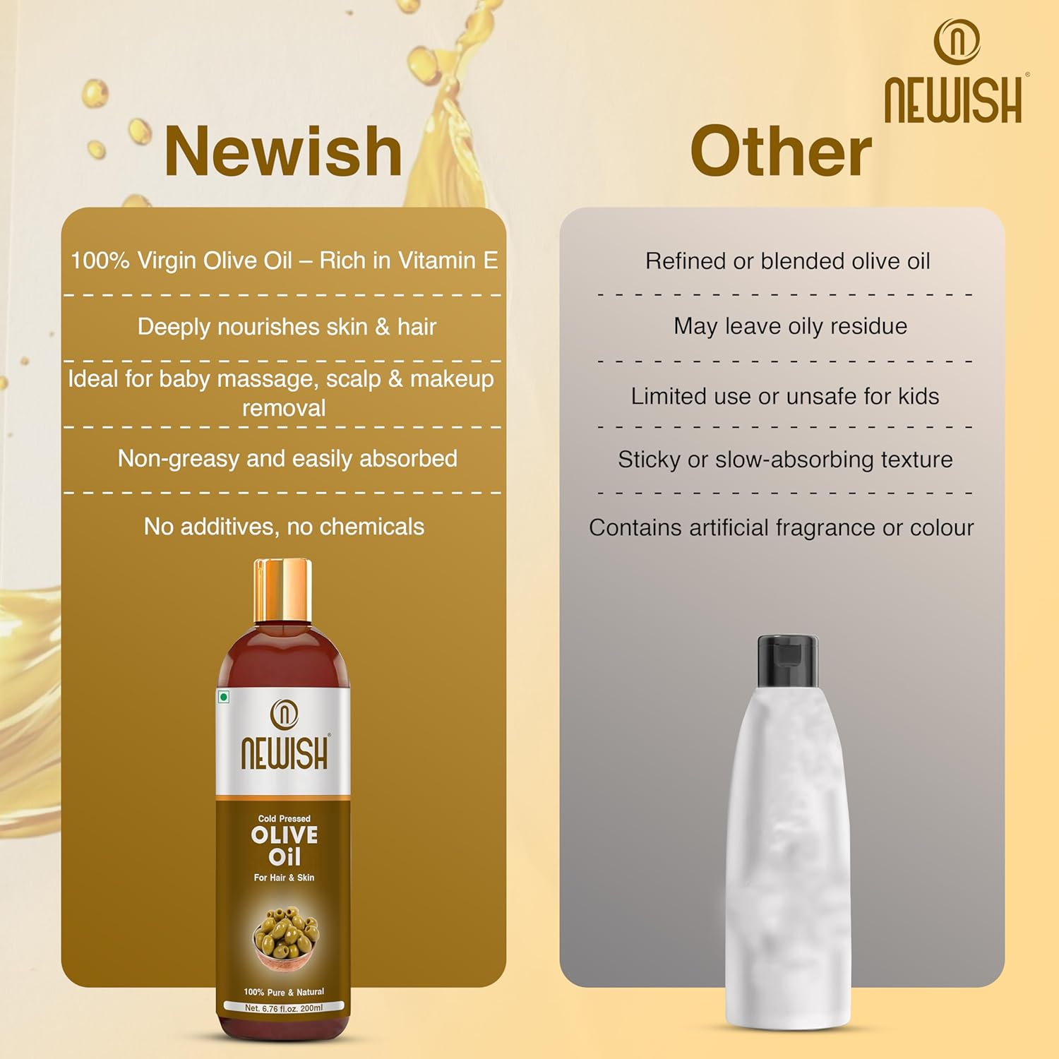 Newish&reg; Pure Cold Pressed Olive Oil for Hair and Skin,200Ml (Pack of 2) image number 6