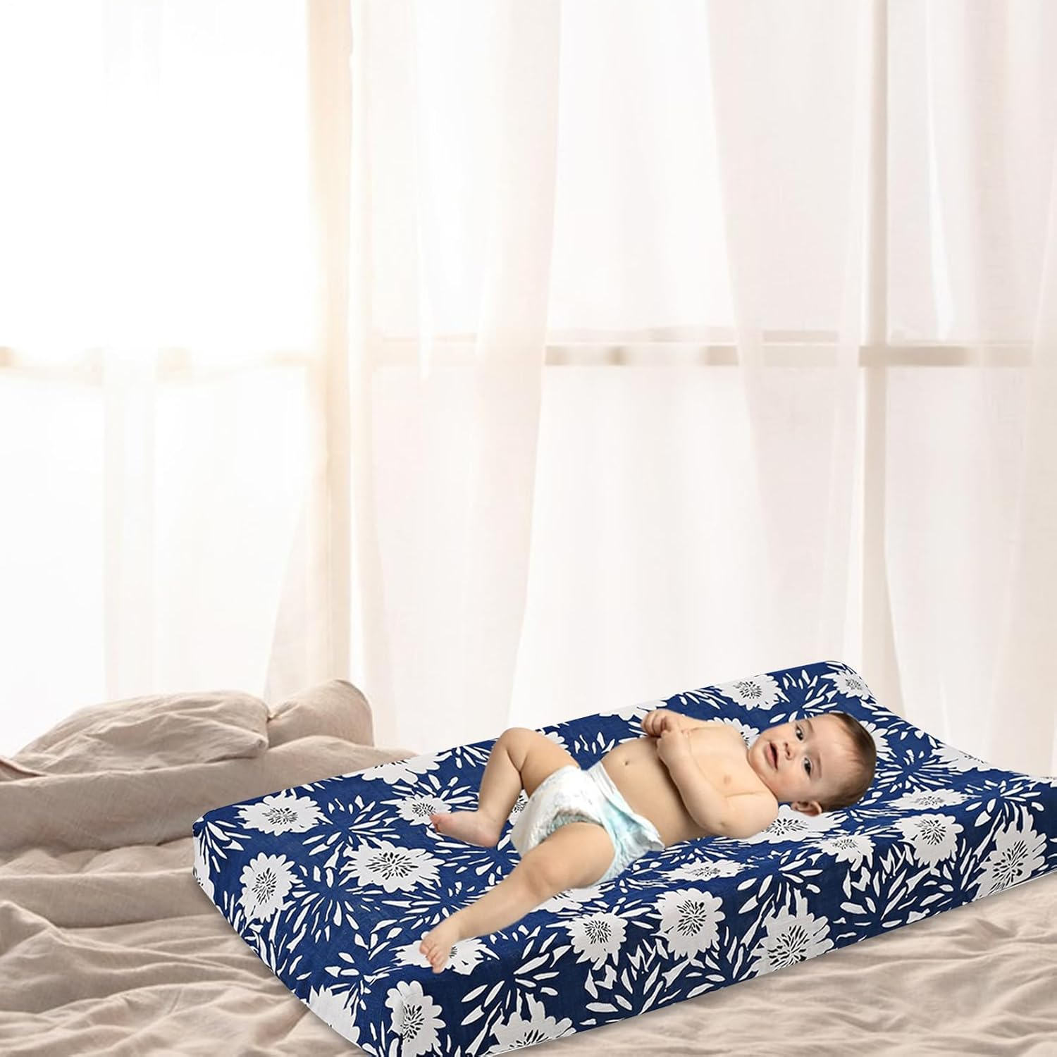 Baby Pad Cover - Soft Cotton Leaves, Breathable Cotton Nursery Leaves | Fitted Changing Table Cover, Stretchy Diaper Changing Pad, Tab Use - Navy Blue Background Flower image number 2