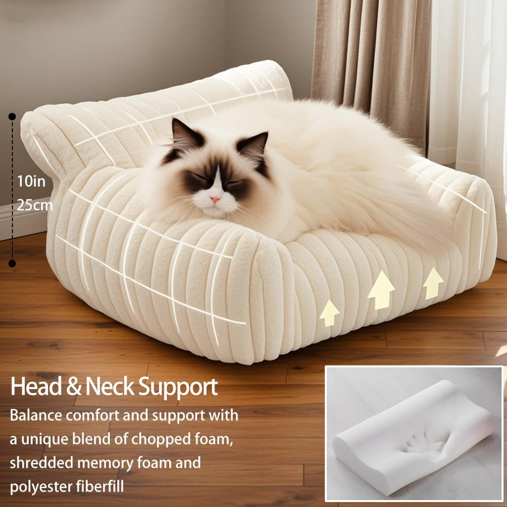 Cute Cat Couch Bed for Indoor Cats, Fluffy Cat Sofa with Premium Soft Corduroy Fleece, Fuzzy Pet Chair with Removable Washable Cover, Orthopedic Small Pet Bed with Non-Slip Bottom (:61*45*25Cm,Cream) image number 4