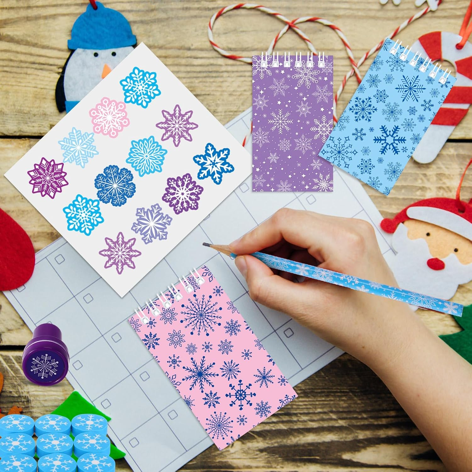 192 Pieces Christmas School Stationery Set Xmas Classrooms Exchange Stationery Gifts Party Favors Class Reward Prizes Notebooks Pencils Sharpener Erasers Stickers Stamps for Party Supplies (Snow) image number 2