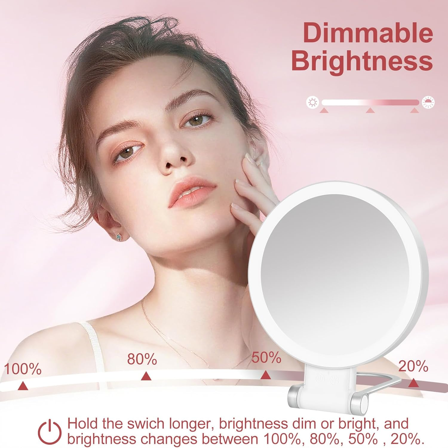 10X /1X Magnifying Mirror with Light, 3 Light Settings, Rechargeable Travel Makeup Mirror with Adjustable Handle/Stand，Folding Double Sided Portable Mirror for Tweezing Travel image number 5