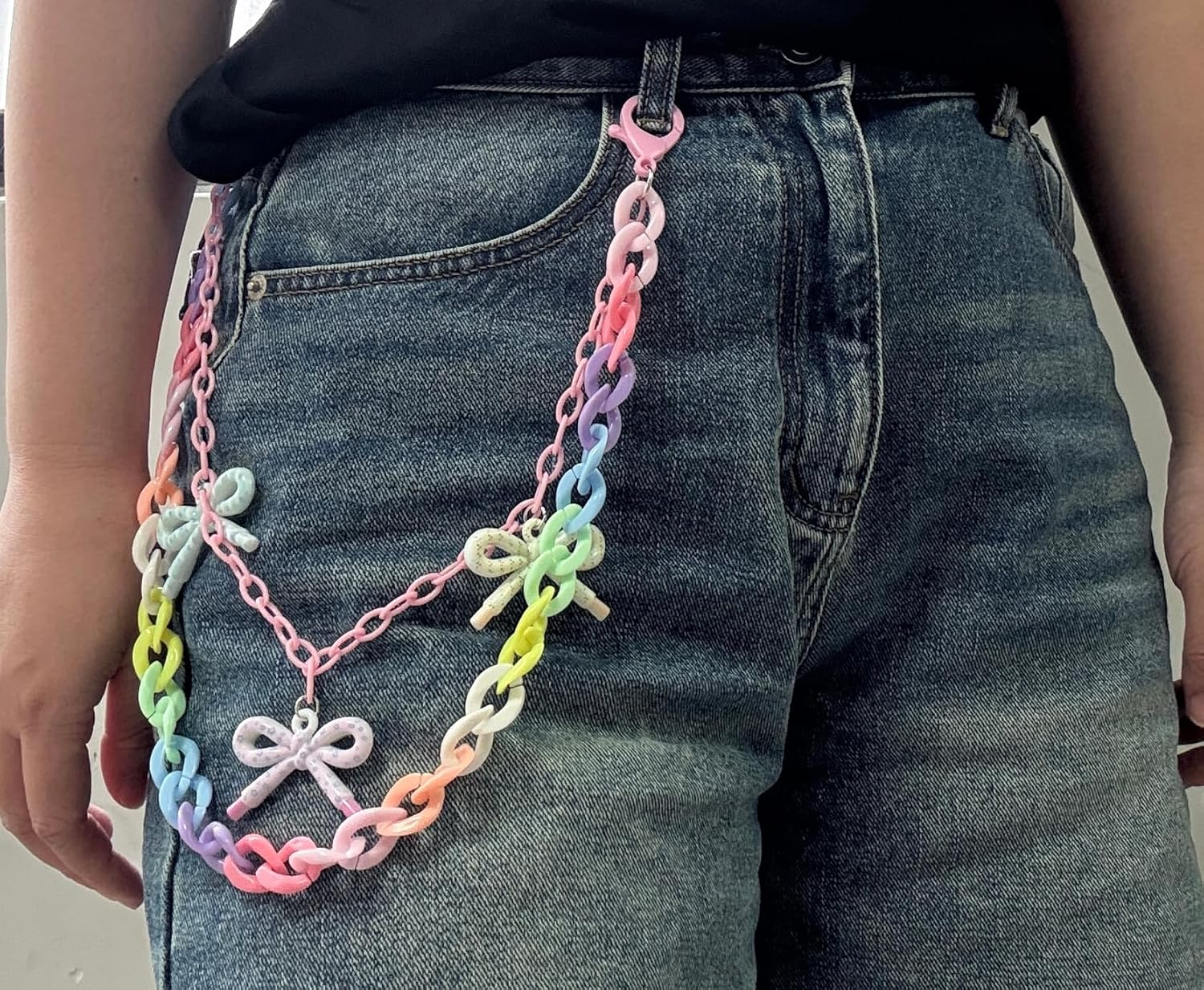 Rainbow Pants Chain Acrylic Bow Trousers Chain Colorful Lovely Layered Punk Jean Belt Chain for Women Bag Wallet Key Chain