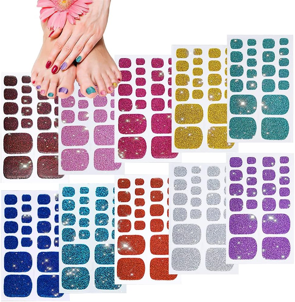 10 Sheets Toe Nail Polish Stickers Glitter Toenail Nail Polish Strips Decals Full Wraps Self Adhesive Toe Nail Tip Full Toe Nail Wraps for Women Girls DIY Nail Decor Art image number 6
