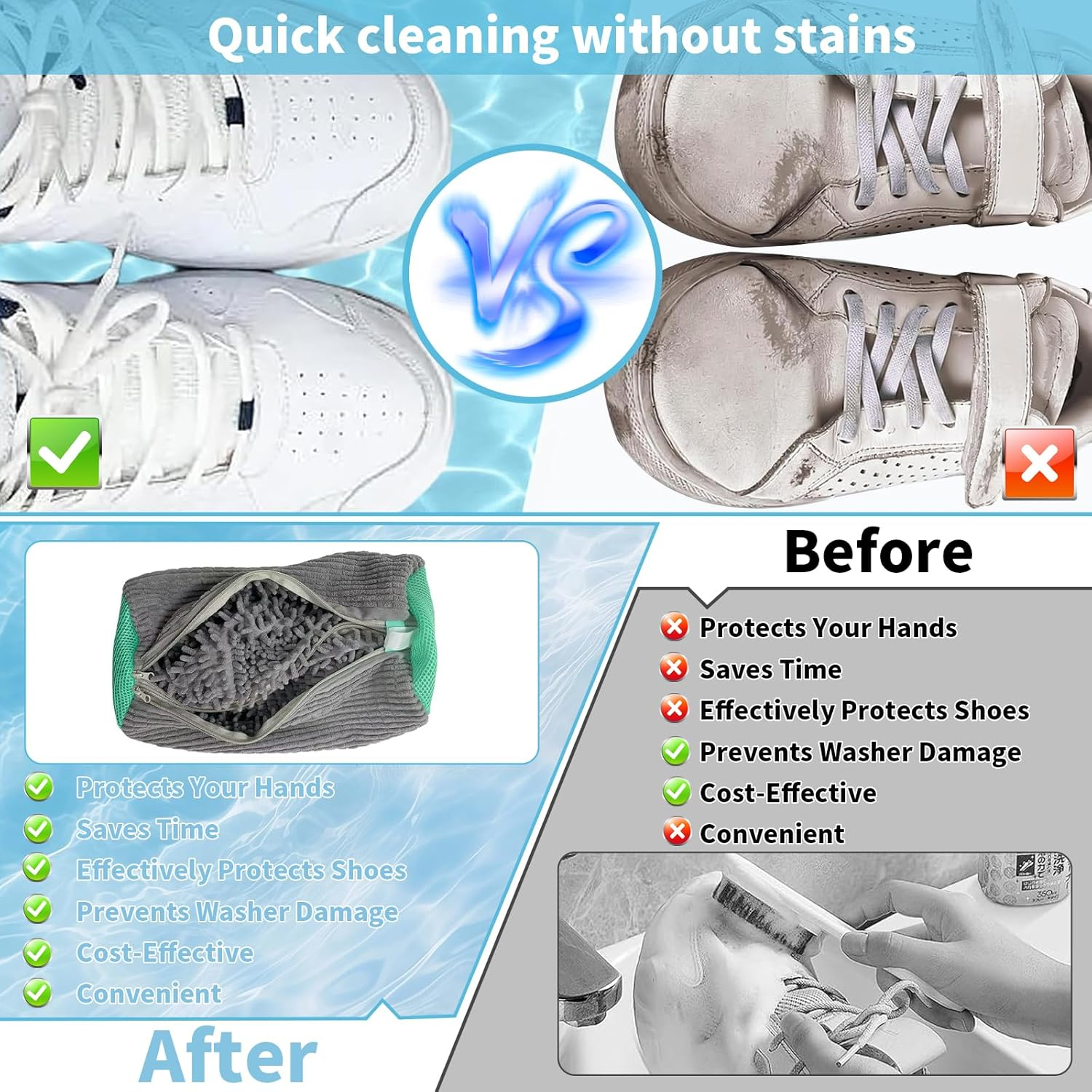 2 Pcs Shoe Washing Bag for Washing Machine, Reusable & Durable Laundry Mesh Bags for Washer & Dryer, Plush Protection for Sneakers, Trainers, Tennis Shoes, Gentle Wash & Dry Delicates (Grey) image number 4