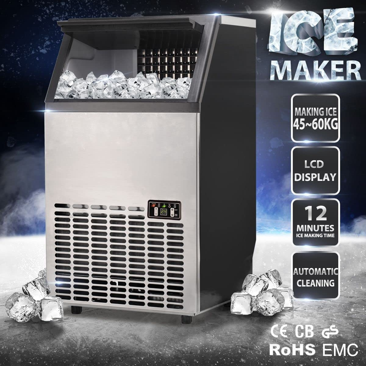 Maxkon Freestanding Ice Maker Freestanding, Commercial Ice Machine, 60Kg/Day, Stainless Steel Ice Machine with 15Kg Capacity, Ideal for Restaurant, Bars, Home and Offices, Includes Scoop image number 4