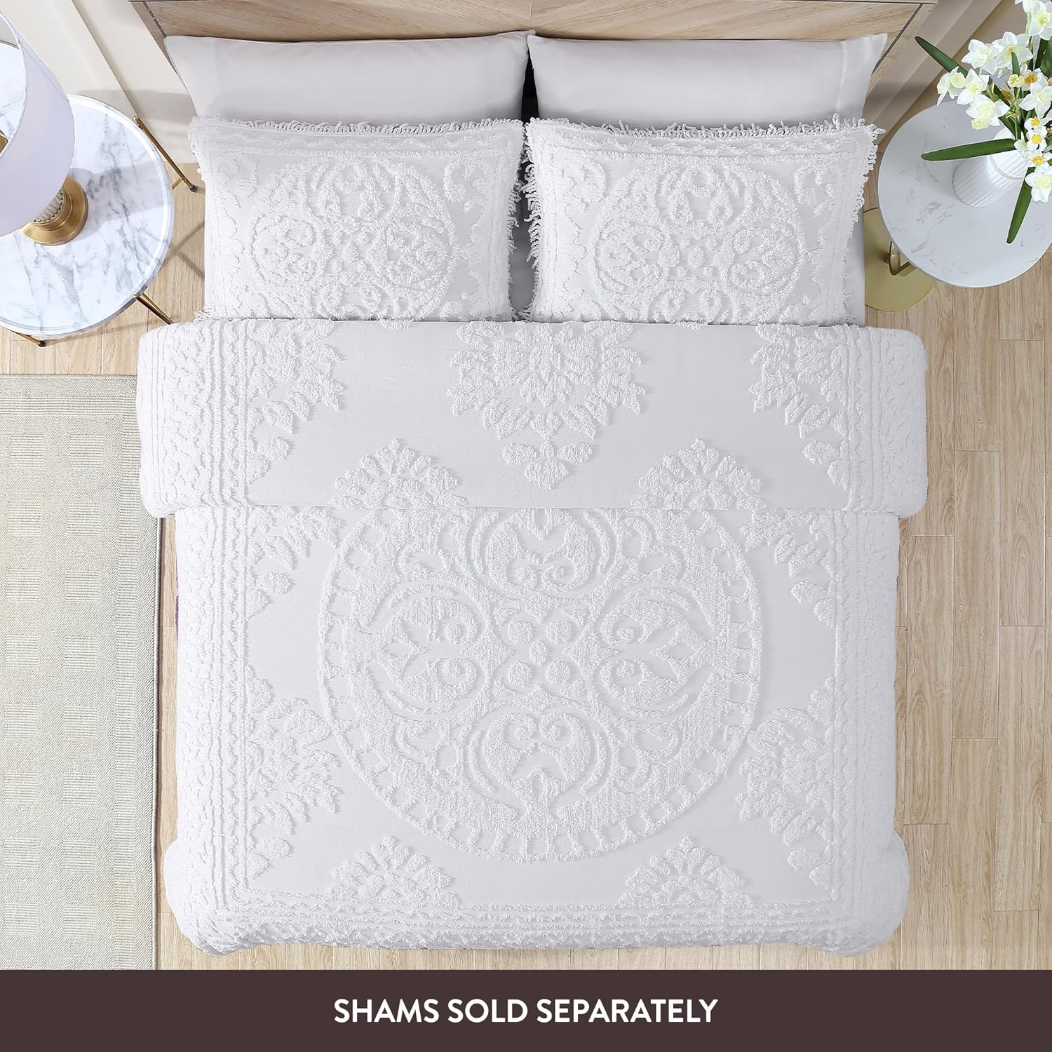 (Queen, White) - Beatrice Home Fashions Medallion Chenille Bedspread