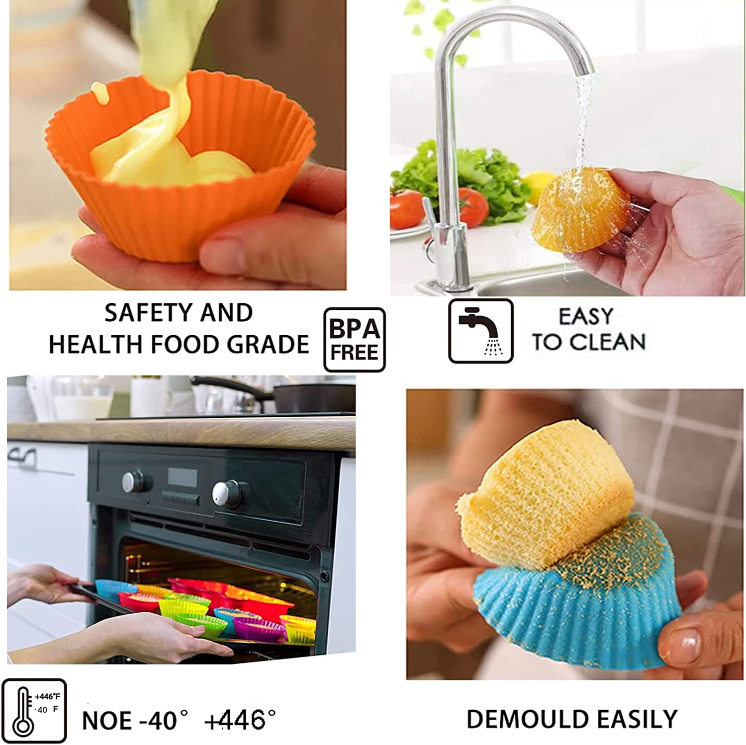 Silicone Cupcake Liners,40Pcs Reusable Silicone Baking Cups with 10 Food Picks,Non-Stick Muffin Liners Pastry Cake Molds,Silicone Lunch Box Dividers with 12Pcs Cake Toppers,Multicolour Baking Set image number 5