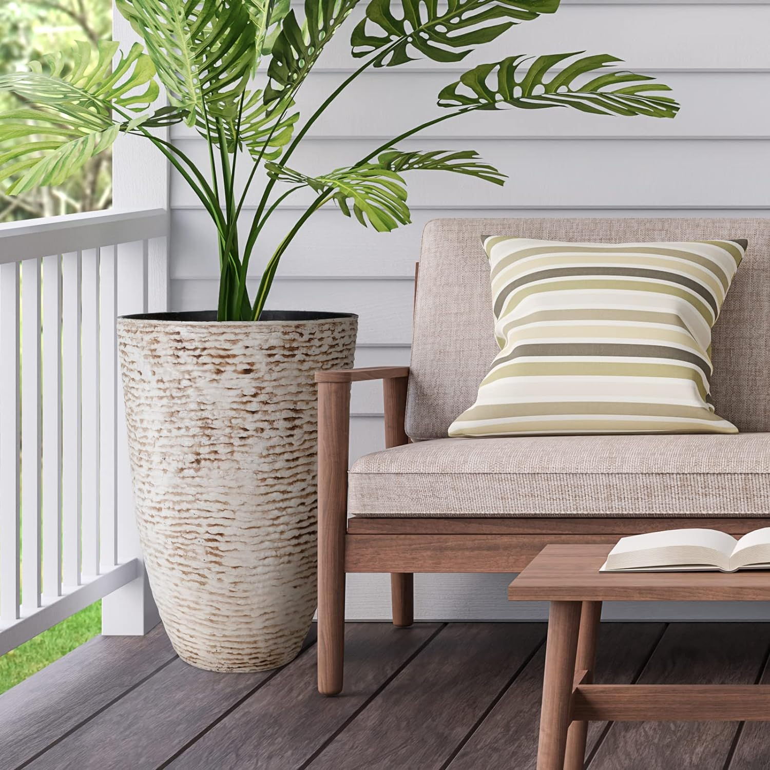 Worth Garden 9 Gallon Tall round Planters Set of 2-14" Dia X 21" H Tree Pots for Outdoor Plants - Large Imitation Stone Finish Flower Pots Indoor Decorative Container Garden Patio Unbreakable Beige - Beige image number 5