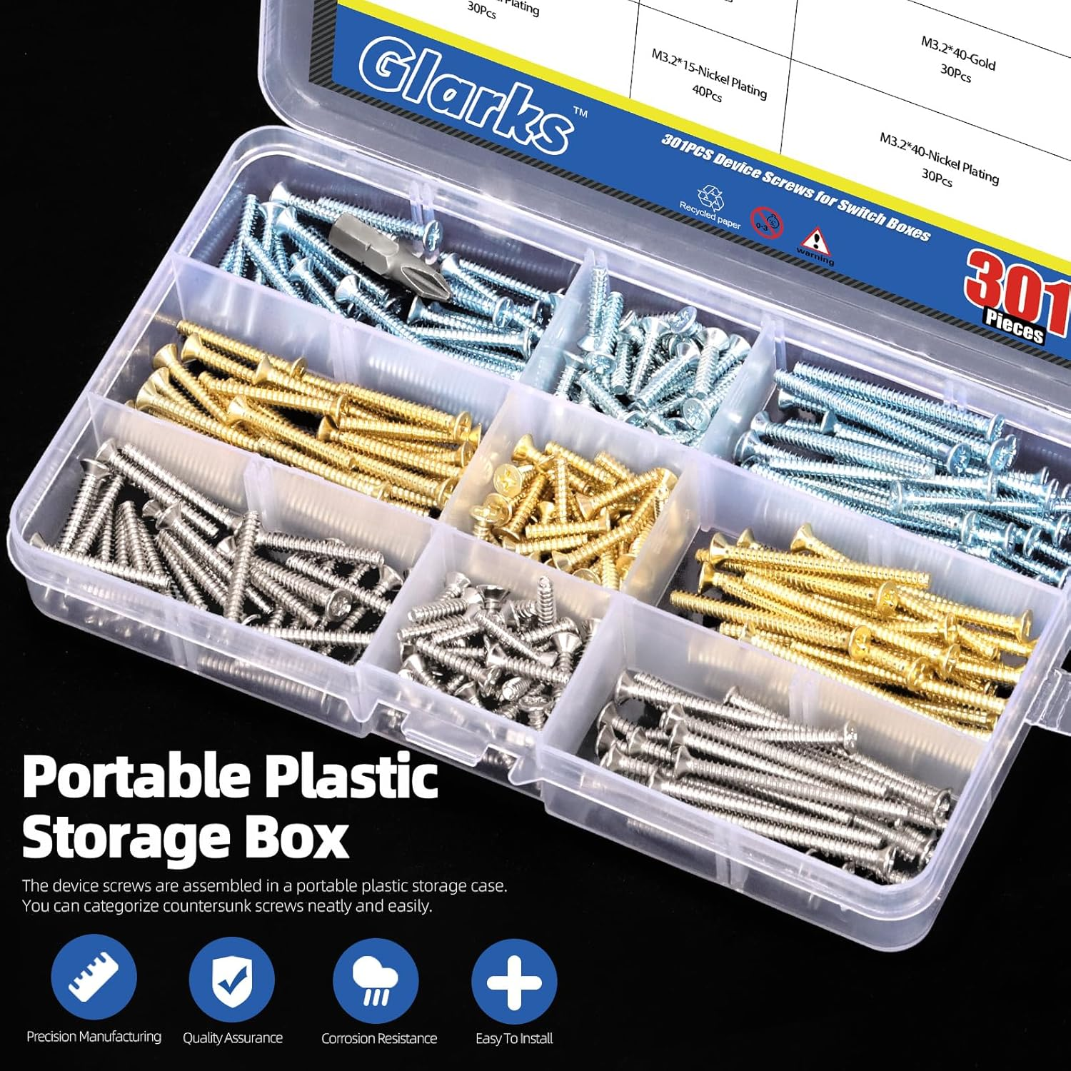 Glarks 301Pcs M3.2 X 15/25/40Mm Device Screws, 200Pcs 3 Colors Slotted Head Screws and 100Pcs Cross-Head Screw, Flat Head Phillips Machine Screw, Countersunk Screws with 1Pcs PH2 Bit image number 4