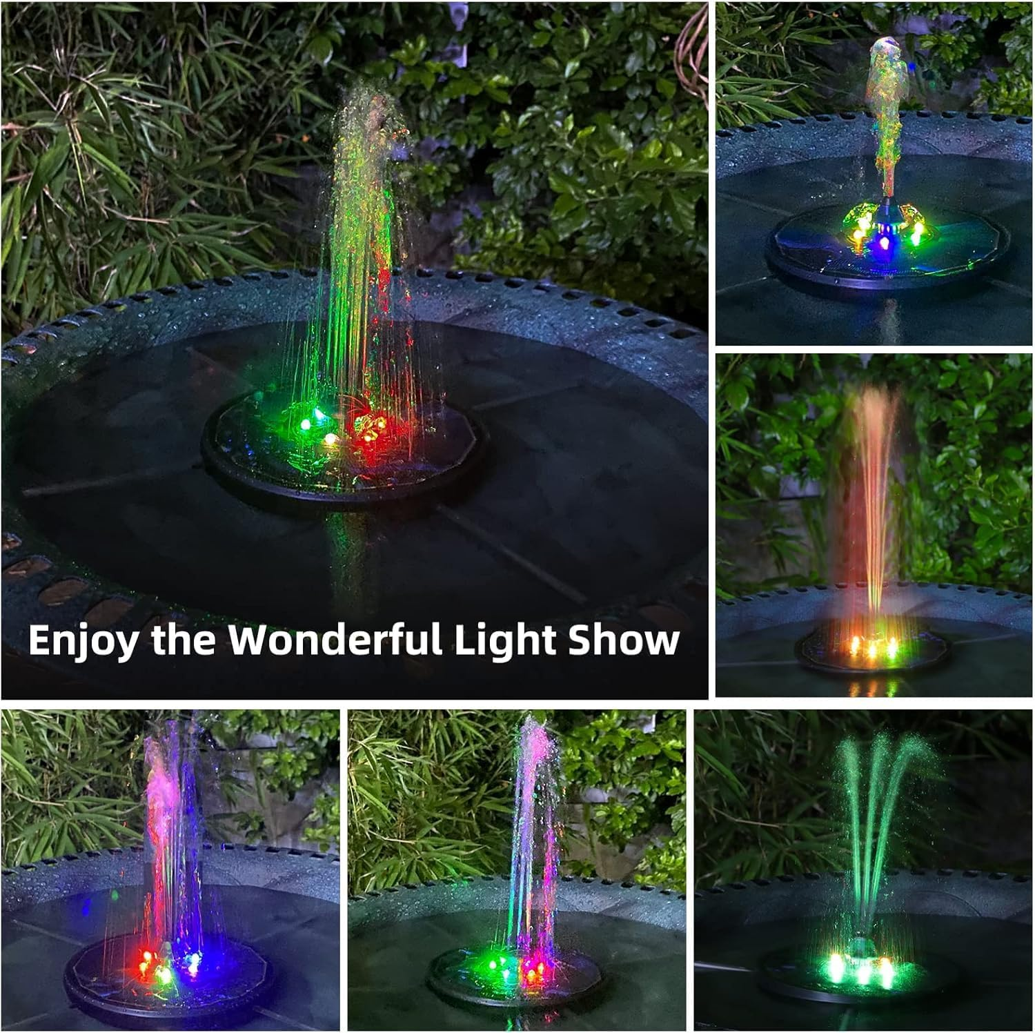 Solar Fountain, Living Solar Fountain for Bird Bath, Floating Water Fountain Pumpwith LED Lights, 8 Nozzle for Garden, Birdbath, Pool, Pond, Fish Tank, Outdoor