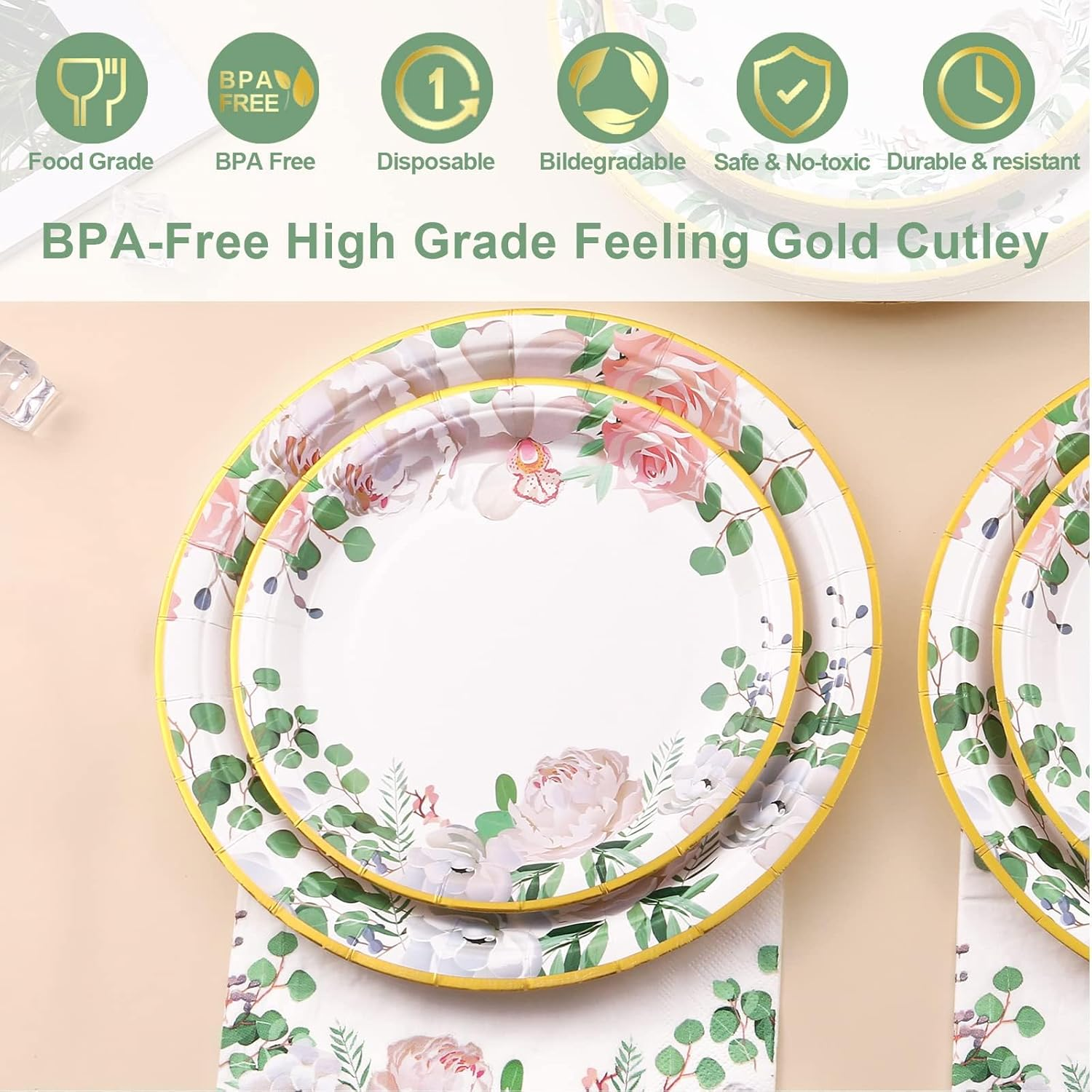 175 Pcs Floral Party Decorations - Bridal Shower Plates & Disposable Tableware Set for 25 Guests - Tea Party Themed Decorations, Paper Plates, Cups & Napkins for Baby Shower, Birthday, Wedding(Floral) image number 6