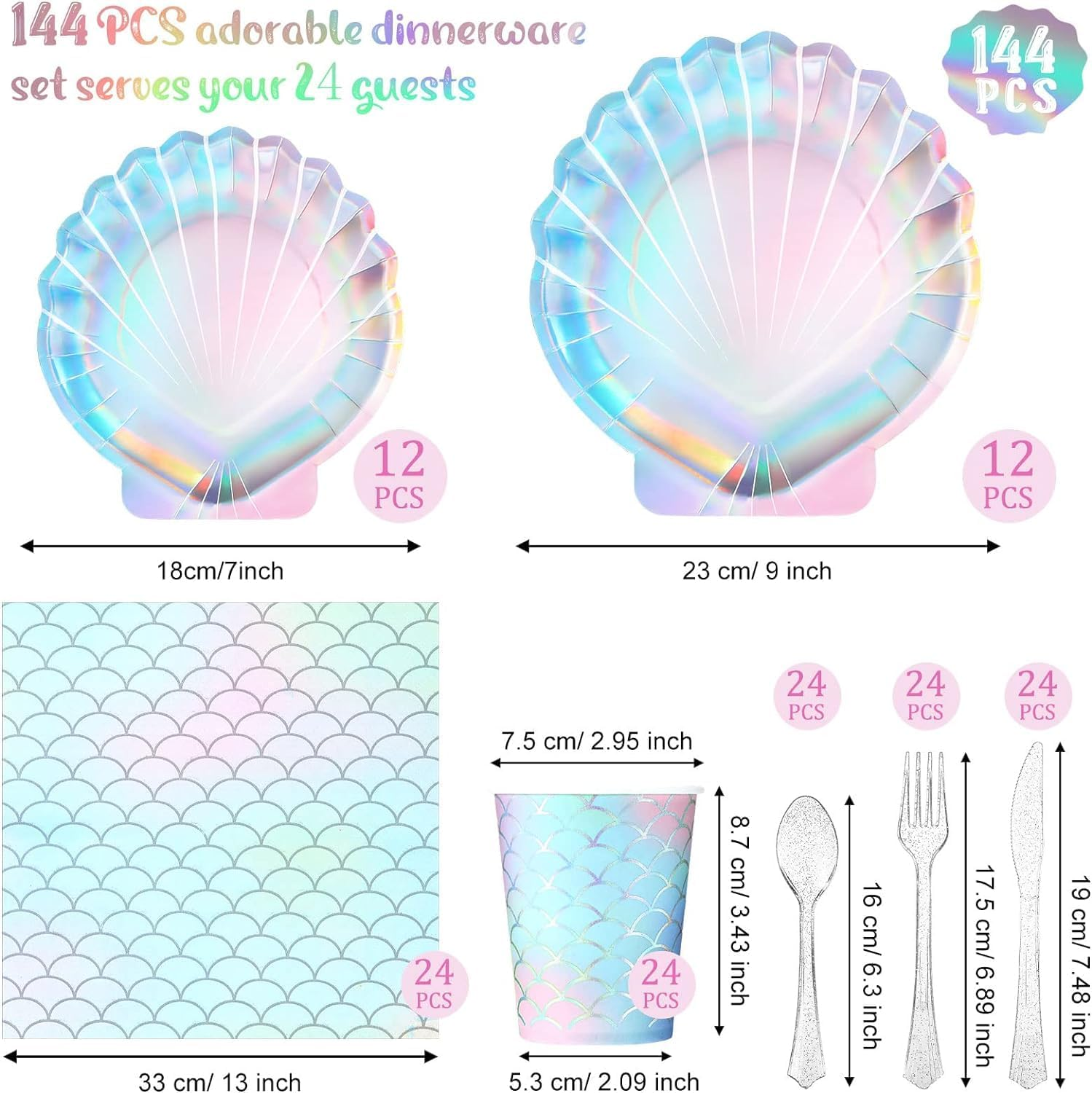 144 Pcs Mermaid Themed Decorations under the Sea Tableware Set - Includes Plates, Spoons, Forks for Birthday and Theme Party (Classic Style) image number 3