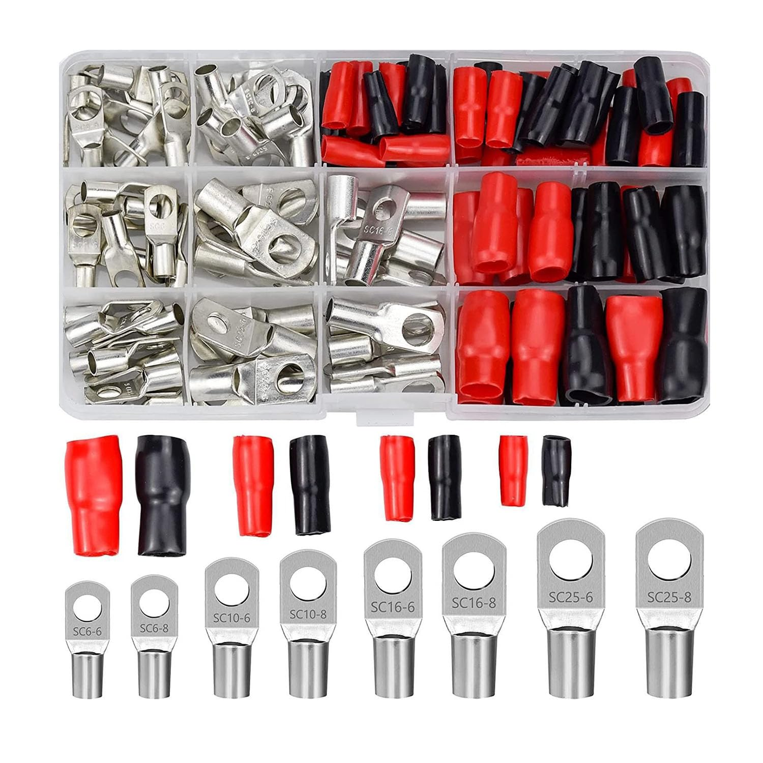 Shengsenfu 120PCS Tinned Battery Cable Ends, 6~25Mm&sup2; Copper Ring Terminals Connectors, Wire Lugs Assortment Kit And, Heat Shrink Wire Connectors, Multipurpose Waterproof Electrical Wire Terminals Kit image number 2