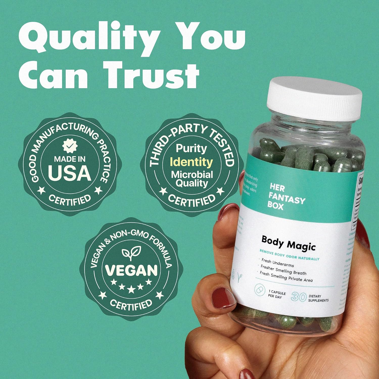 Her Fantasy Box | Body Magic Chlorophyll Capsules - 30 Vegan Capsules - for Detox, Digestion, Gut Health, Skin, Oily Skin & More image number 6