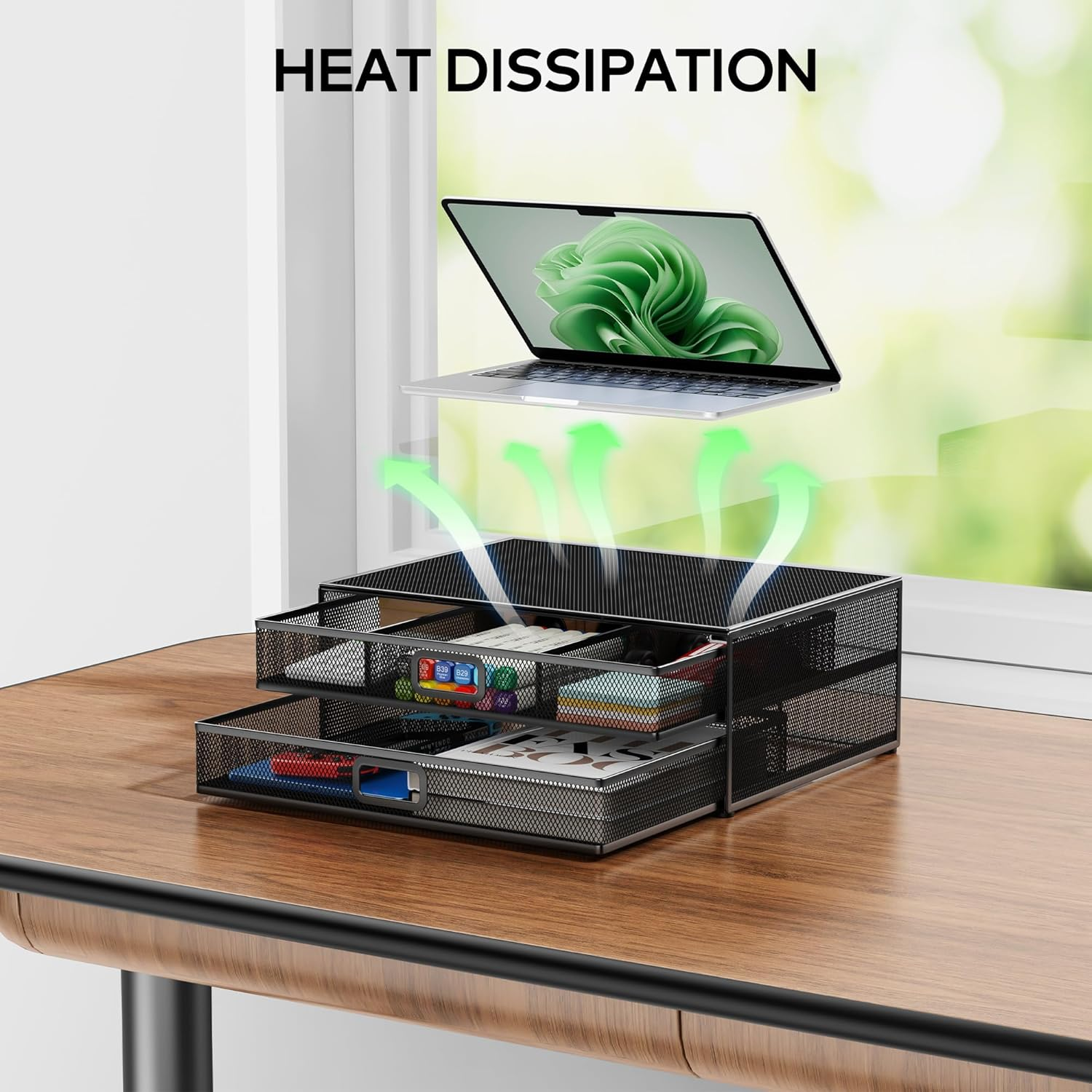 Auvo Metal Monitor Stand Riser with Two Drawers, AMS02 Computer Desk Organizer for Laptop, Computer, Imac, Black