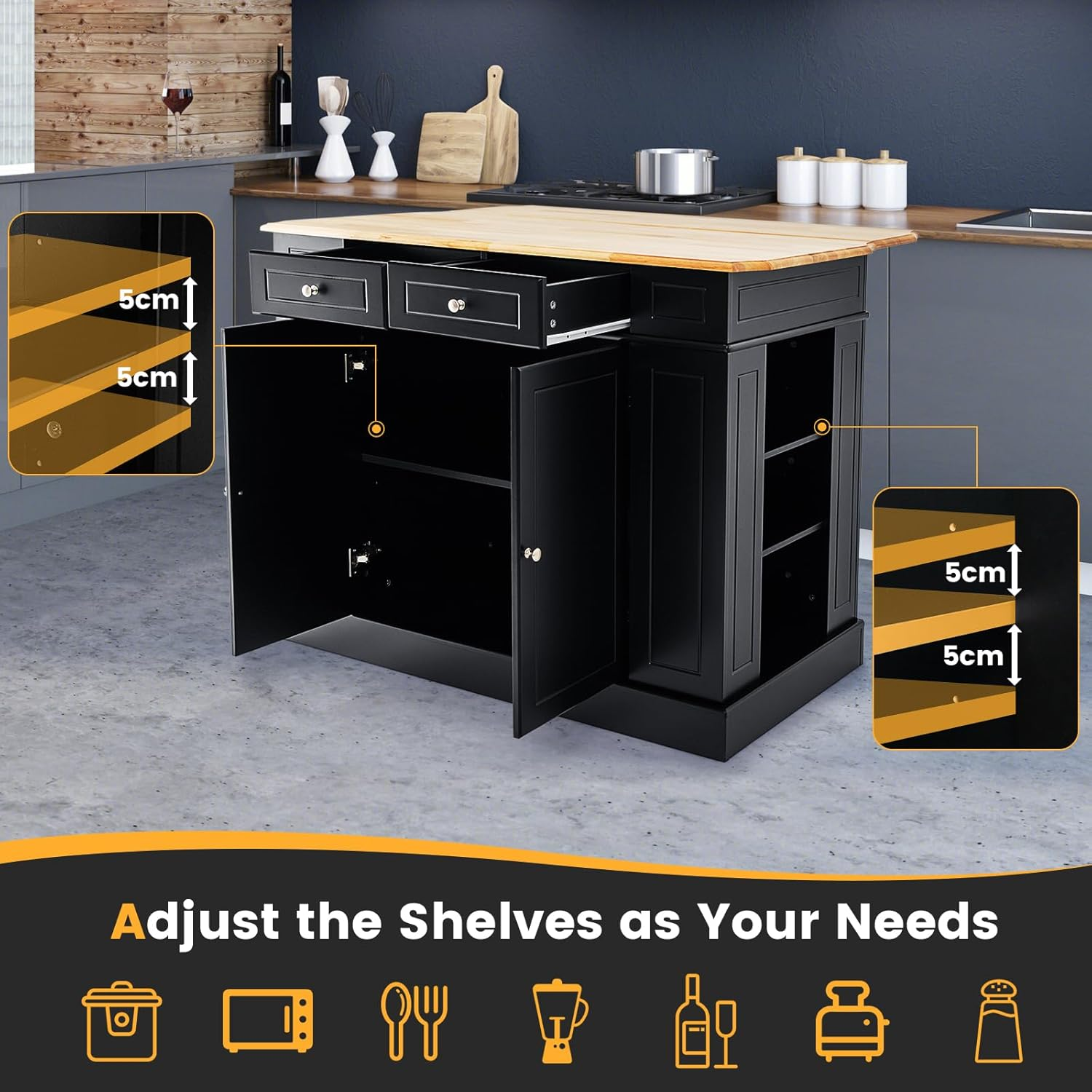 Giantex Kitchen Island Table with Storage, Drop Leaf Rubber Wood Countertop, Drawers, Side Racks, 2-Door Cabinet, 3-Level Adjustable Shelves (Black) image number 6