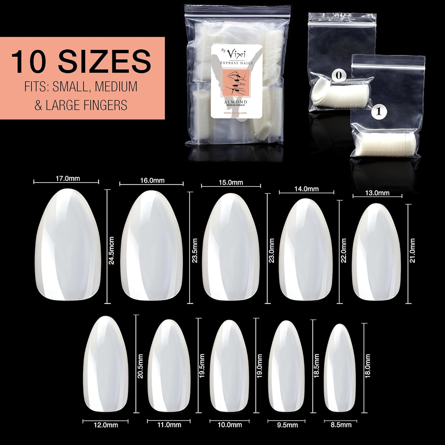 By Vixi 600 MEDIUM ALMOND NAIL SET with PREP FILE, 10 Sizes &ndash; Opaque Express Full Cover False Fingernail Extensions for Salon Professionals & Home Use image number 2