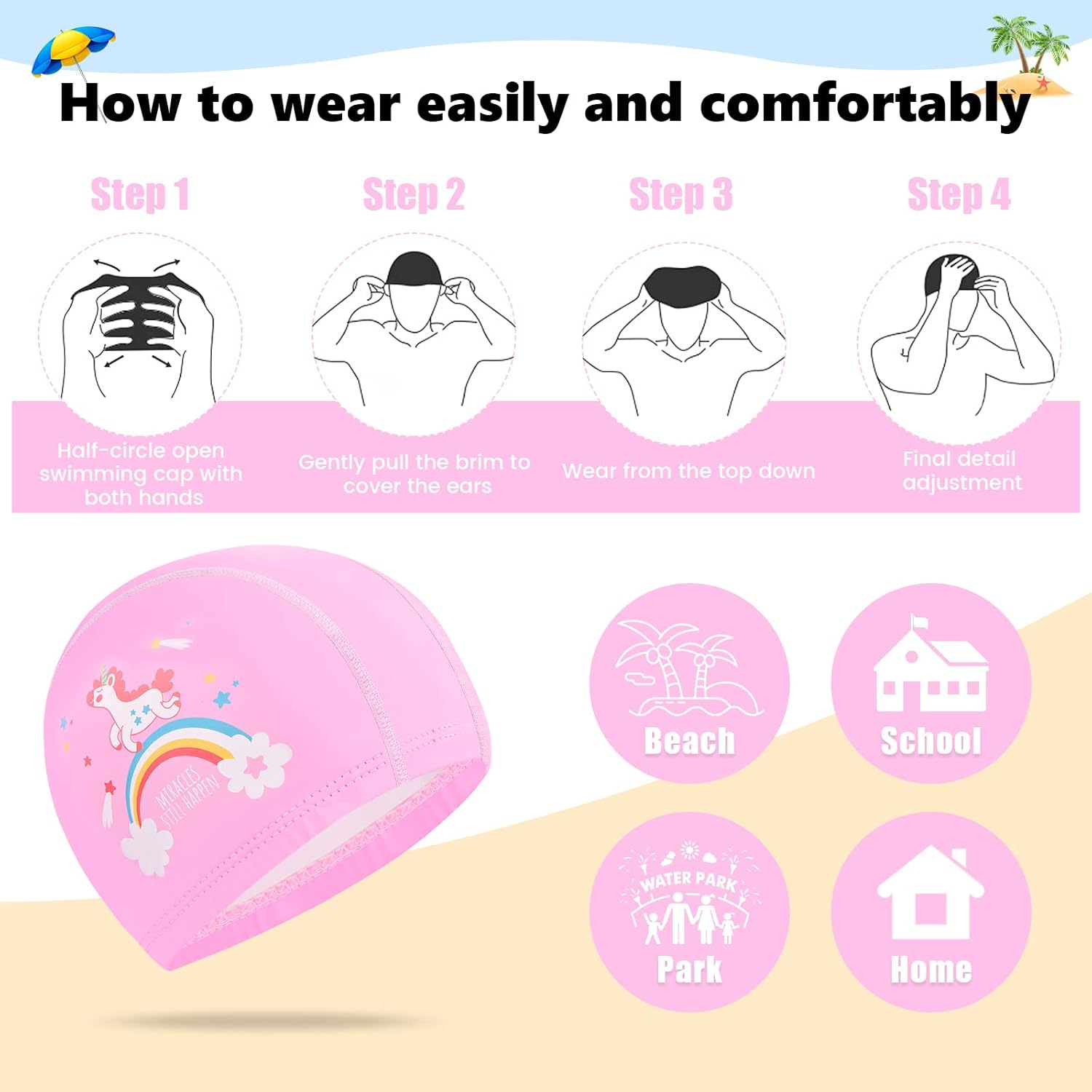 Kids Swim Cap, Waterproof Children Swimming Cap, Pu Coating, Cute Children Cartoon Swimming Hat Durable Bathing Caps, Stretchable and Comfortable Swimming Hats, for Boys Girls