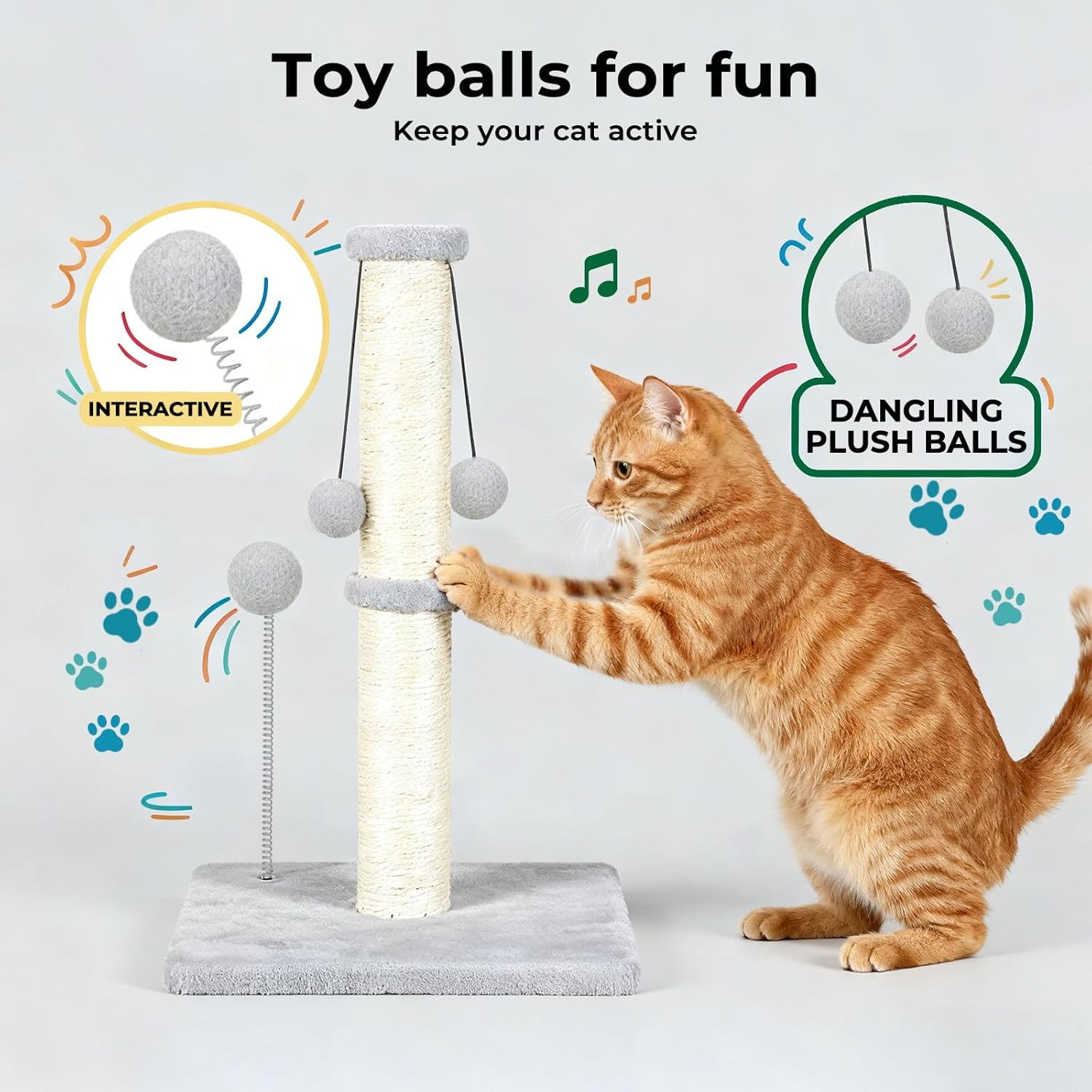 Pawz Cat Scratching Post, Cat Scratcher for Indoor Cats, Cats Scratch Post with Natural Sisal Rope, Spring Ball Toys and Stable Heavy Base, Cat Activity Play Center, Durable Furniture Protector image number 1