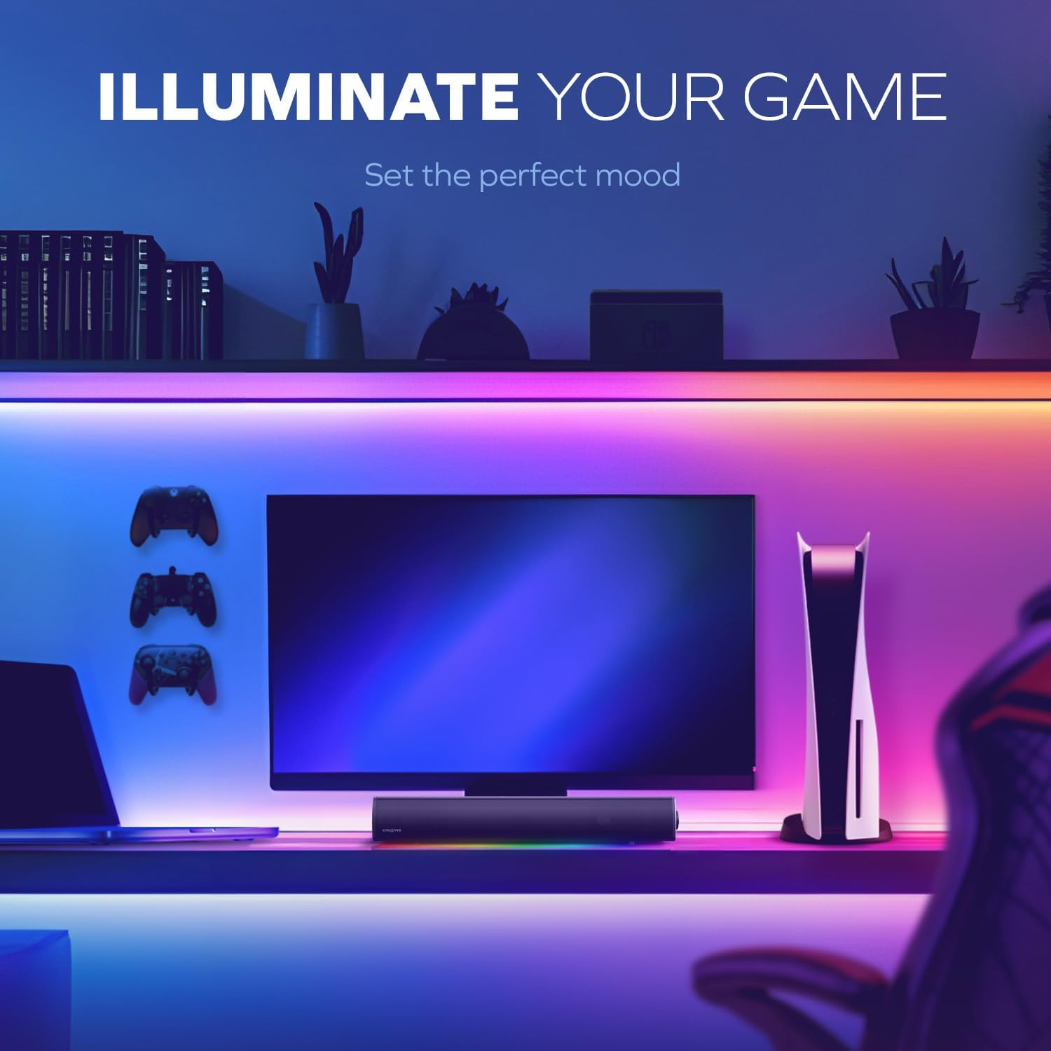 Sound Blaster GS5 RGB Gaming Soundbar with Superwide Technology, Powered via Adapter, up to 60W Peak Power, Bluetooth 5.4, Optical-In, Headphone-Out Port, for PC and TV