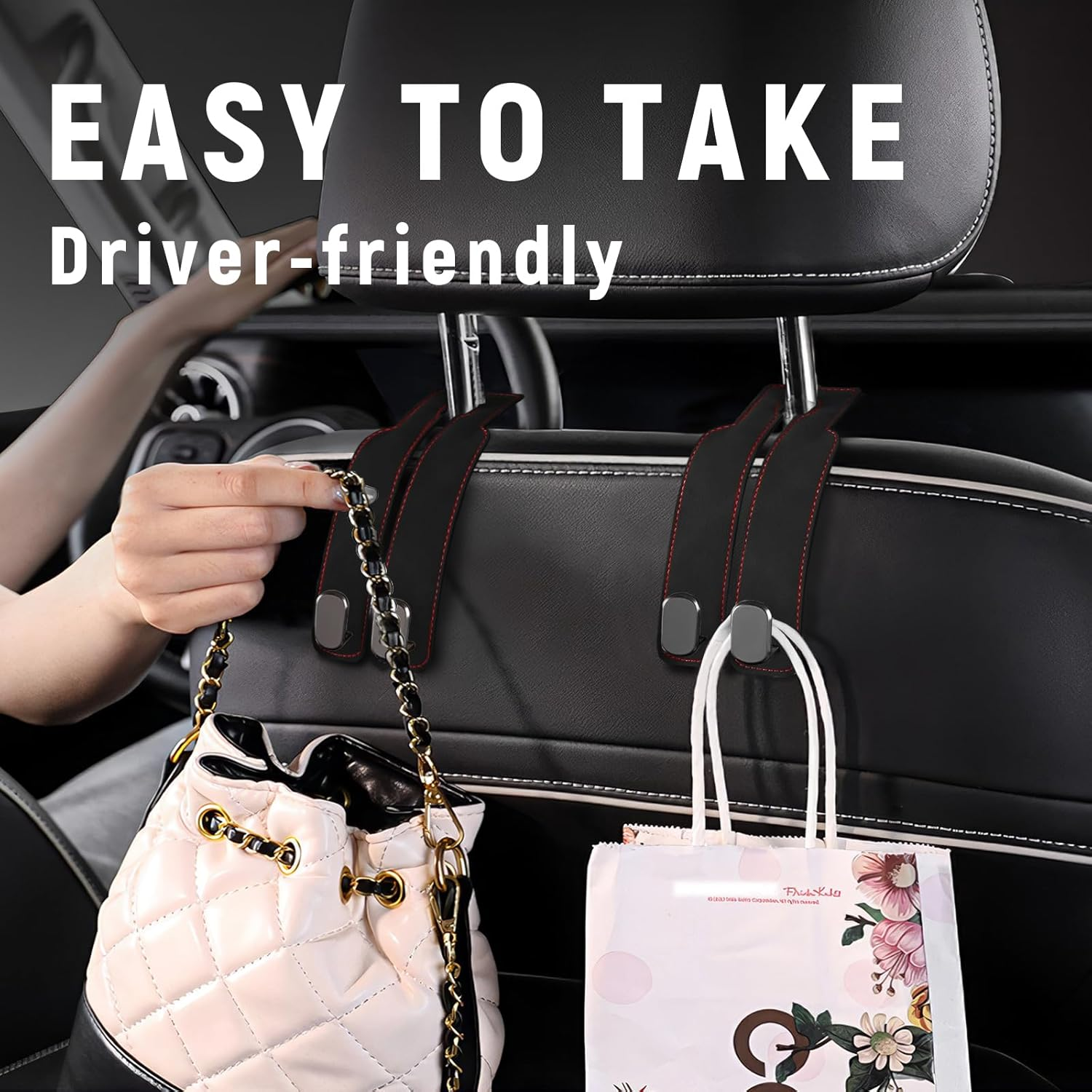 Car Seat Headrest Hook: Double Automotive Seat Back Organizers - Leather Vehicle Storage Hanger for Purse Bag Handbag 2 Pack (Black) - Grey image number 5