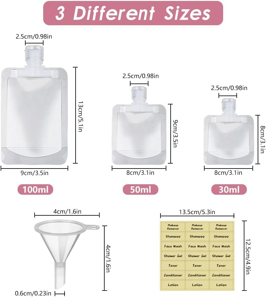 UHAPEER 32 Pcs Portable Travel Fluid Bags, Travel Refillable Empty Squeeze Pouches with Funnel, Plastic Travel Fluid Pouches for Toiletries, Portable Spout Pouches for Lotion Shampoo Face Cream image number 5