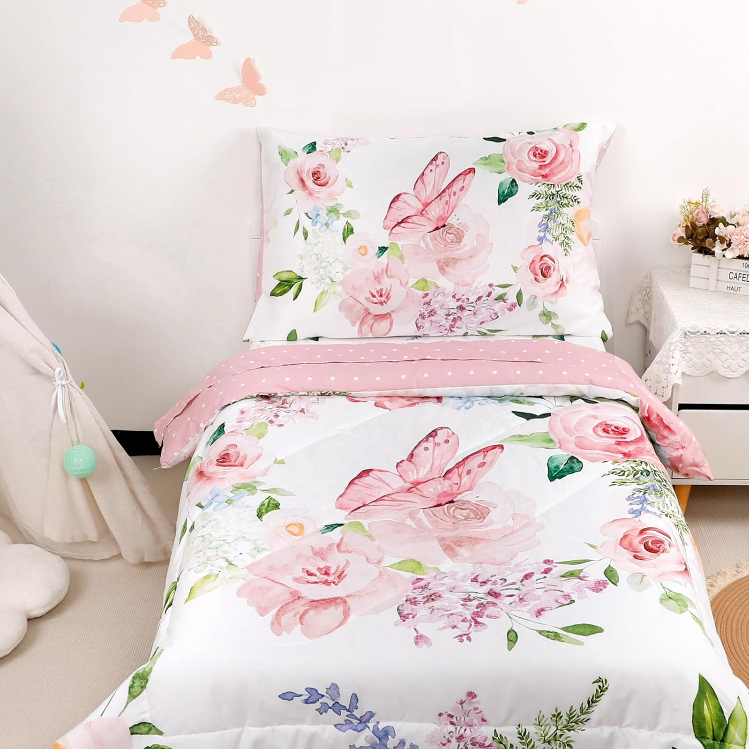4 Piece Toddler Bedding Set for Girls, Butterfly Toddler Comforter Set, Ultra Soft Toddler Bed Set Includes Comforter, Flat Sheet, Fitted Sheet, Pillowcase (Pink Floral & Butterfly Pattern) image number 3