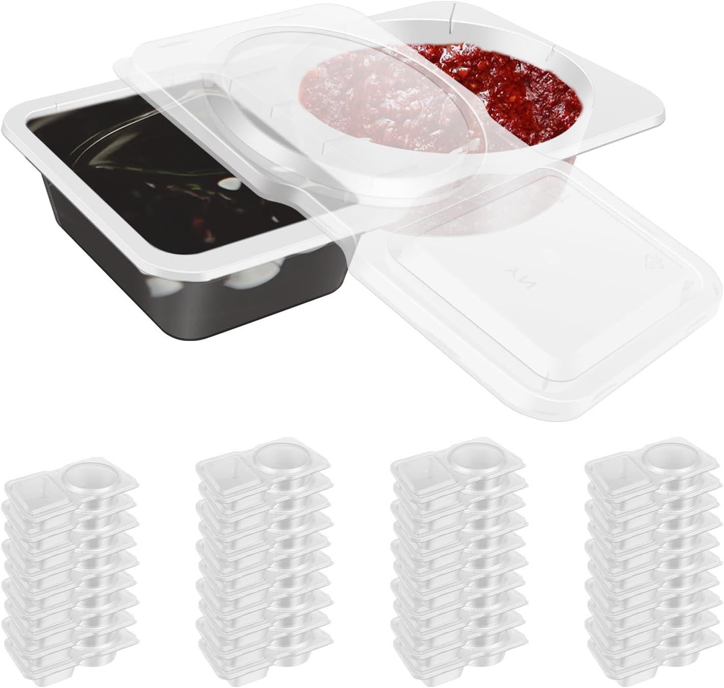 40Pcs Double Compartment Condiment Container Plastic Clear 2 Compartment Snack Containers with Lids Multipurpose Leak-Proof Snack Containers for Sauces Dips Snacks (Clear-40Pcs)