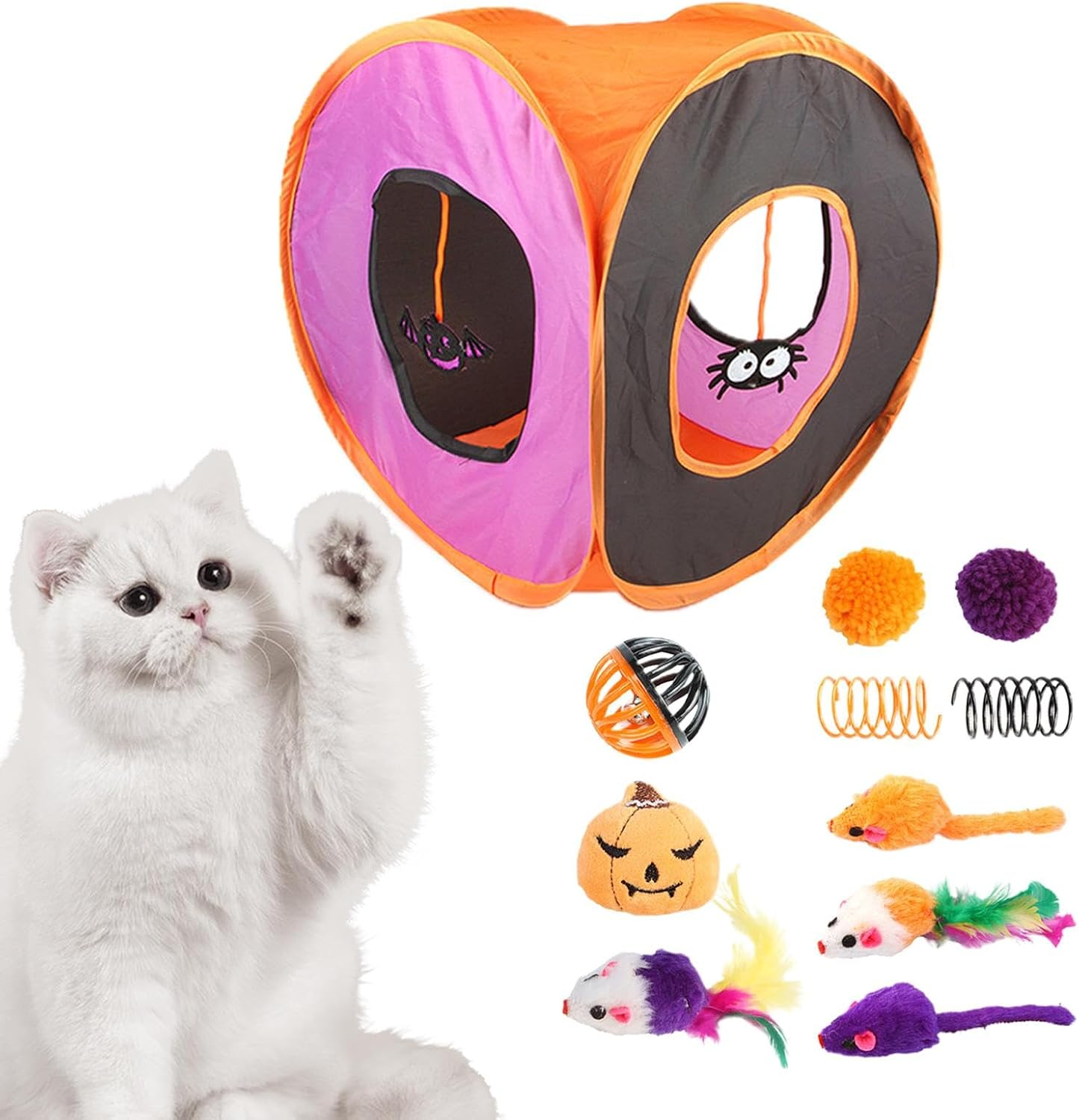 Interactive Cat Toys | Cute Cat Tunnel Toy - Halloween Cat Feather Wand Ball Spring Mice Toys, Folding Square Channel Kitten Starter Kit for Pets