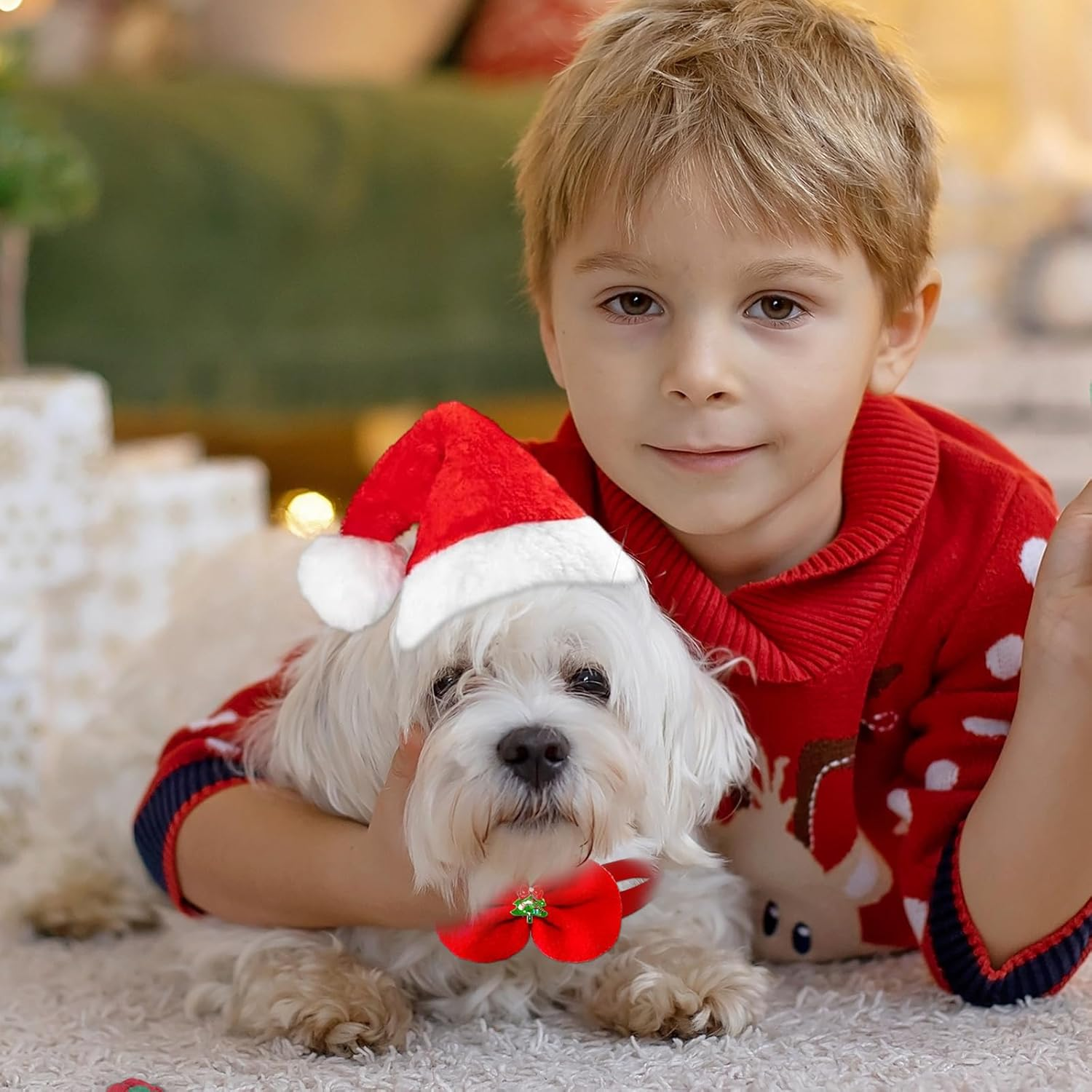 3 Piece Christmas Pet Dog Cat Outfit with Knitted Scarf, Santa Hat and Bow Tie, Festive Season, Red, Suitable for Small and Medium Pets image number 4