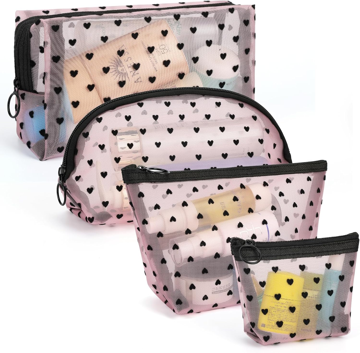 FYY 4 PCS Mesh Cosmetic Bag with Zipper, Clear Makeup Bag Set Mesh Zipper Pouch Bags Toiletry Bag for Women Travel Accessories (Multi-Size, Pink)