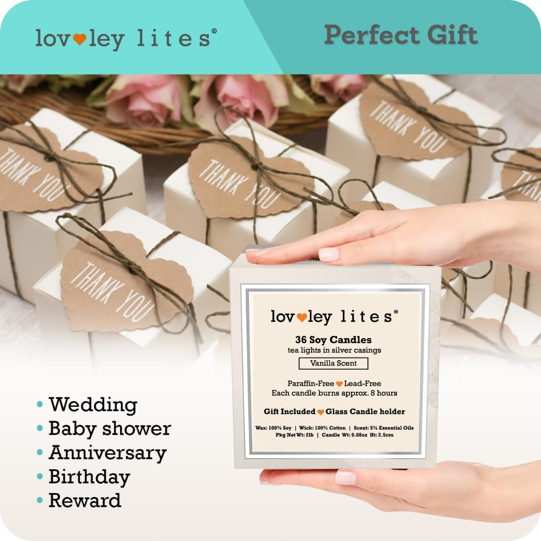 Soy Tealight Candles Vanilla - 36 Premium Long Burning Tea Lights, 1 Inch Tall Vanilla Scented with Essential Oils + Glass Candle Holder image number 2