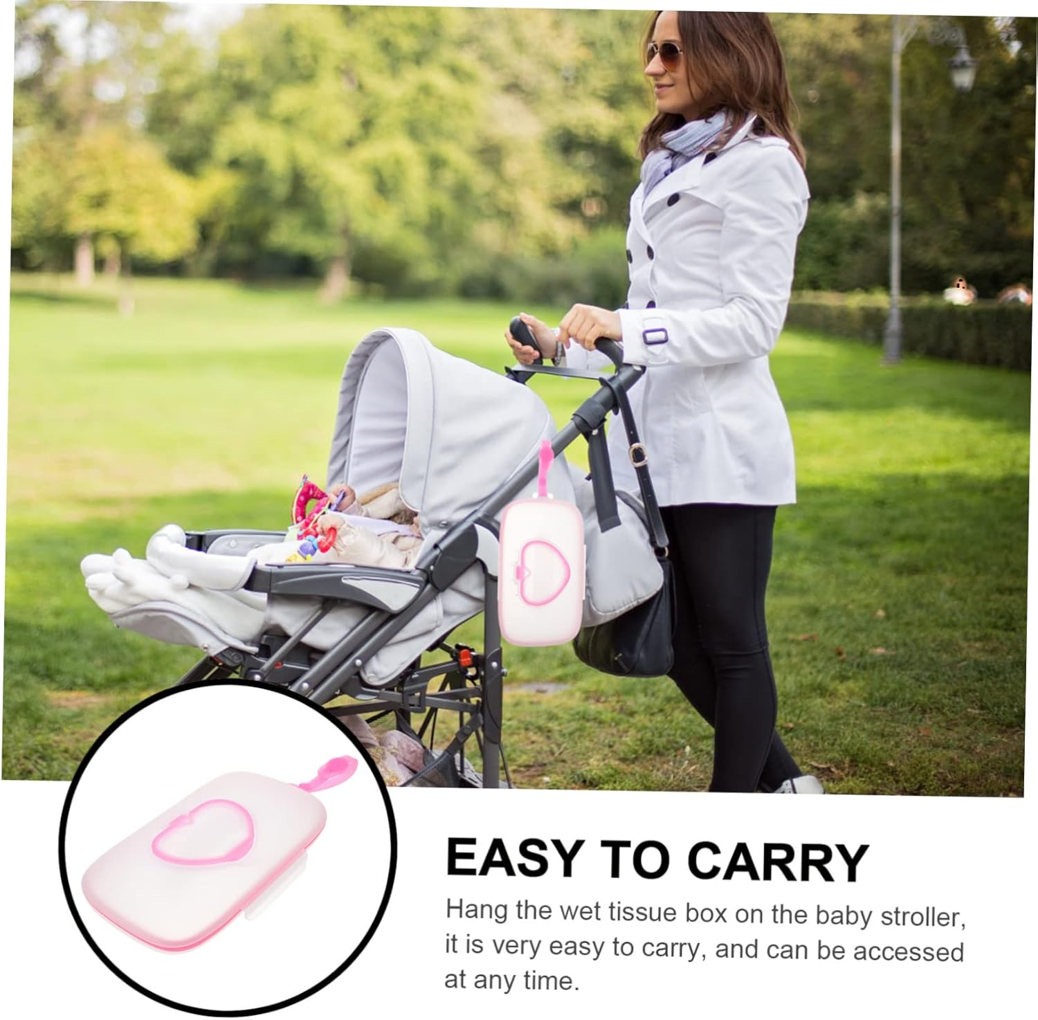 Portable Baby Wipes Box Stroller Hanging Hook Outdoor Wet Tissue Case Storage for Travel White and Pink image number 3