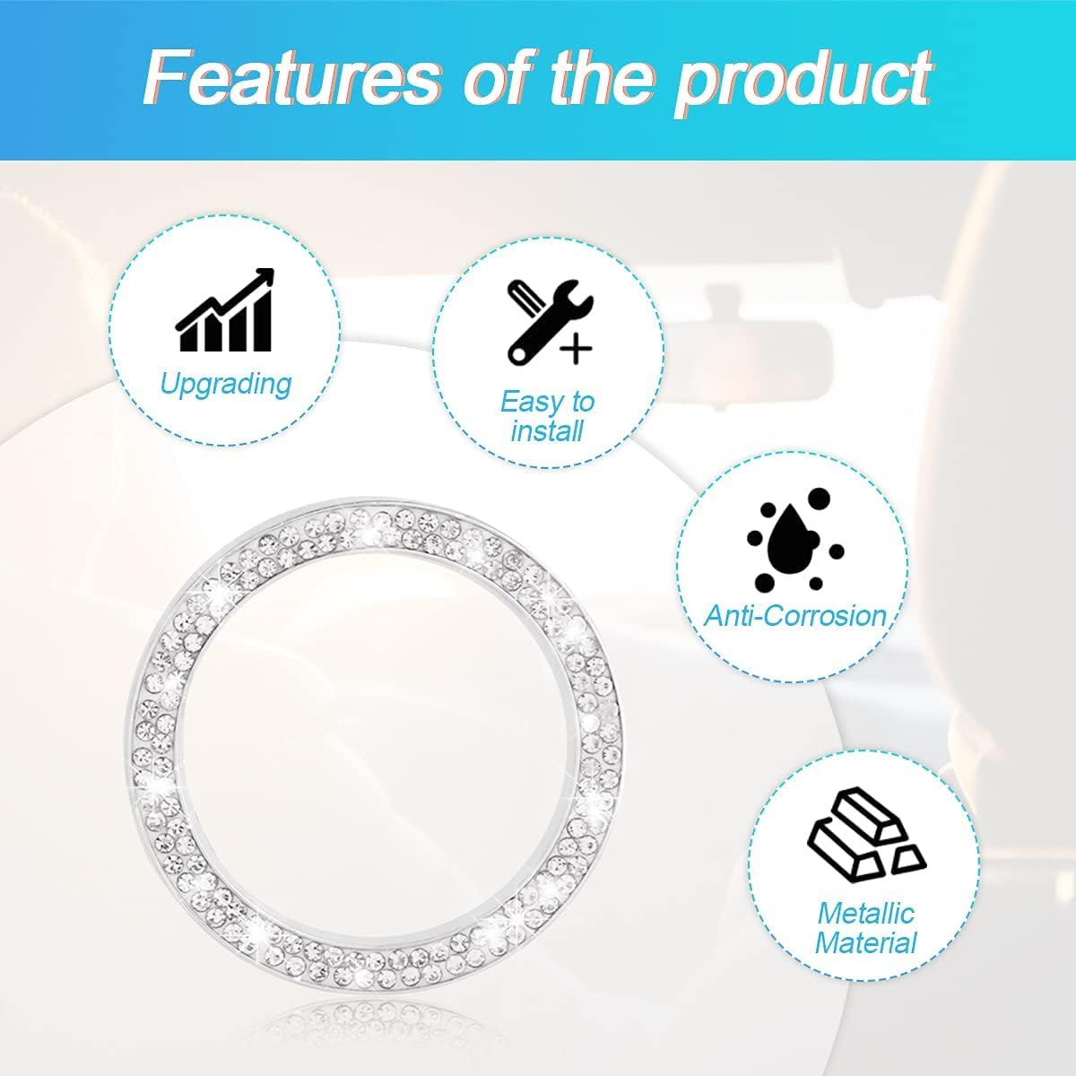 Car Bling Crystal Rhinestone Engine Start Ring Decals, 2 Pack Car Push Start Button Cover/Sticker, Key Ignition Knob Bling Ring, Sparkling Car Interior Accessories for Women (Silver)