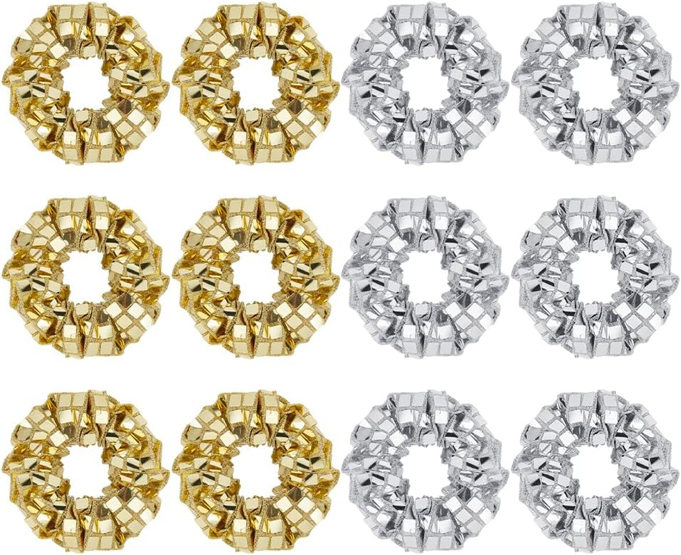 Hobbspring 12Pcs Polyester Scrunchy Hair Ties Plastic Paillette Mirror Disco Sequin Hair Scrunchies Elastics Glitter Silver&Gold Retro Ponytail Holders for Women Bachelorette image number 5