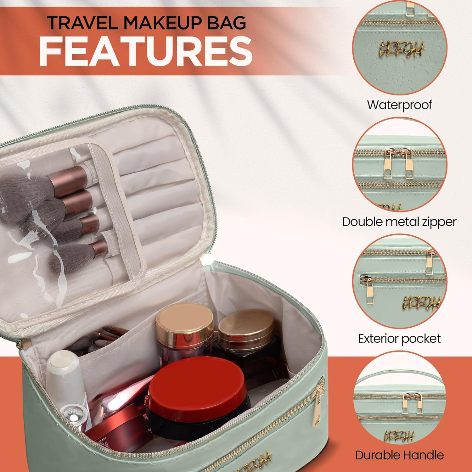 Leesh & CO Makeup Bag - Large Travel Cosmetic Organizer with Brush Holders for Women - Eco-Friendly Vegan Leather, Waterproof & Durable Cosmetics Bag - Perfect for Toiletries, Beauty Products (Green) image number 2