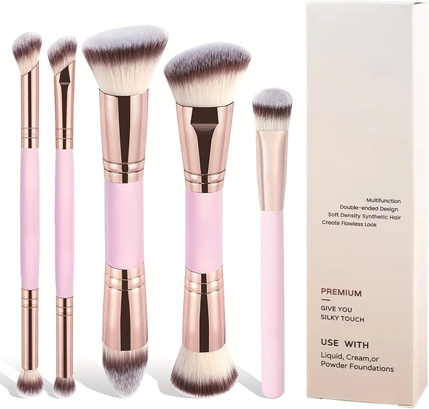 FLYTIN 5 Piece Double Head Makeup Brush Set - Foundation & Angled Concealer Brush for Flawless Base, Cream & Liquid Products, Professional Cosmetic Brushes for Perfect Blending (Gold)