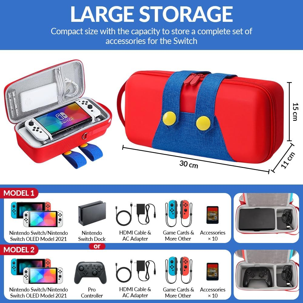WOTOW Case for Nintendo Switch/Switch OLED, Red Blue Portable Soft Shell Storage Bag with 10 Switch Game Cards Case, Kawaii Cartoon Character Protective Travel Pouch for Console and Accessories image number 3