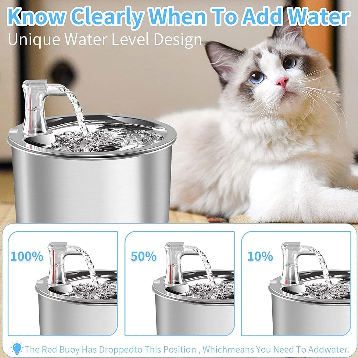 Dog Water Bowl 2L/67OZ Automati Pet Water Fountain Stainless Steel inside Ultra-Quiet Pump Cat Water Fountain for Small/Large Cats and Dogs Pet Bowl image number 6
