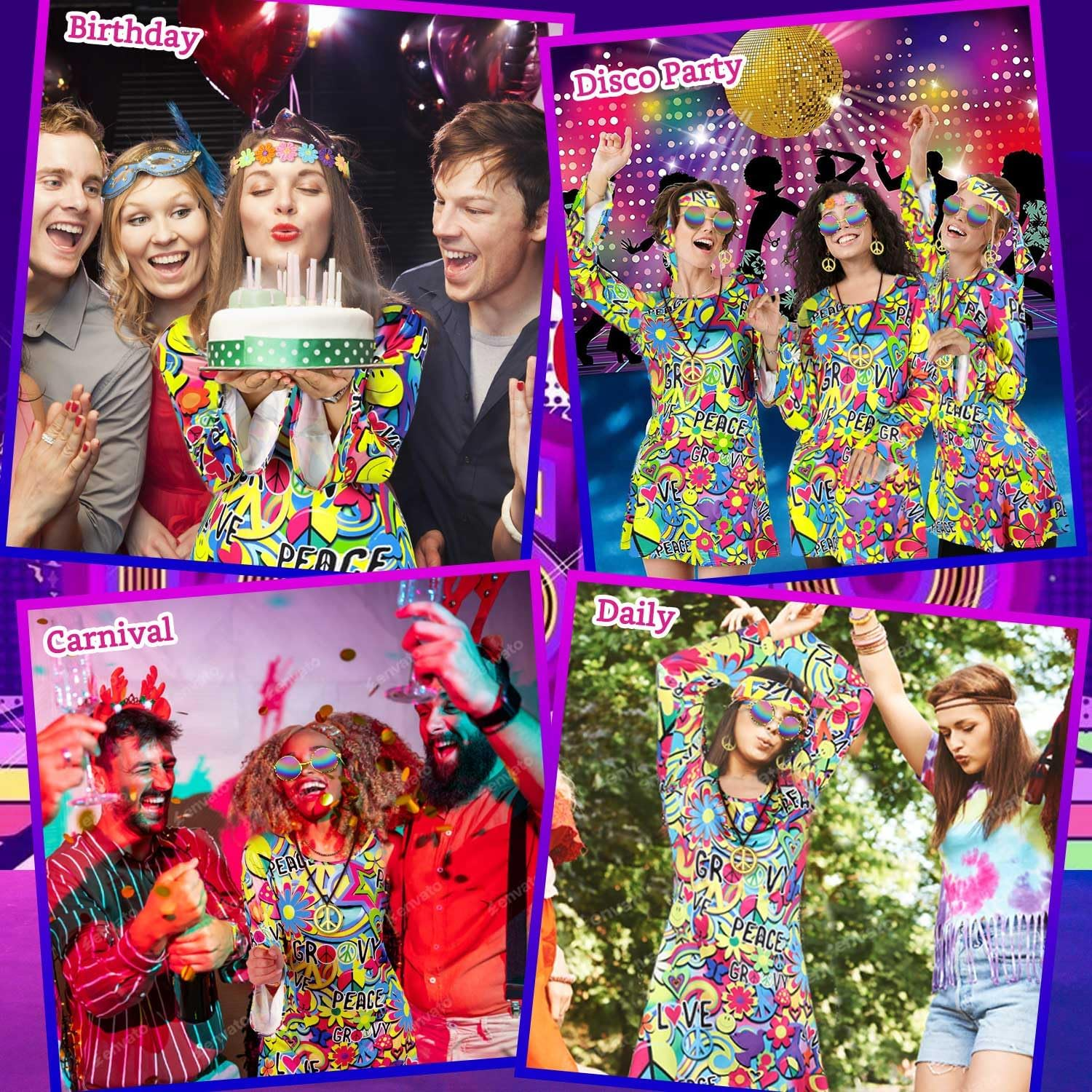 AUTOWT 70S Hippie Costume Women - 7 PCS Disco Dress with Headband Sunglasses Earrings Necklace Daisy Flower Crown, Hippy Disco Clothes Outfit for Fancy Halloween Cosplay Carnival 70S 80S Party