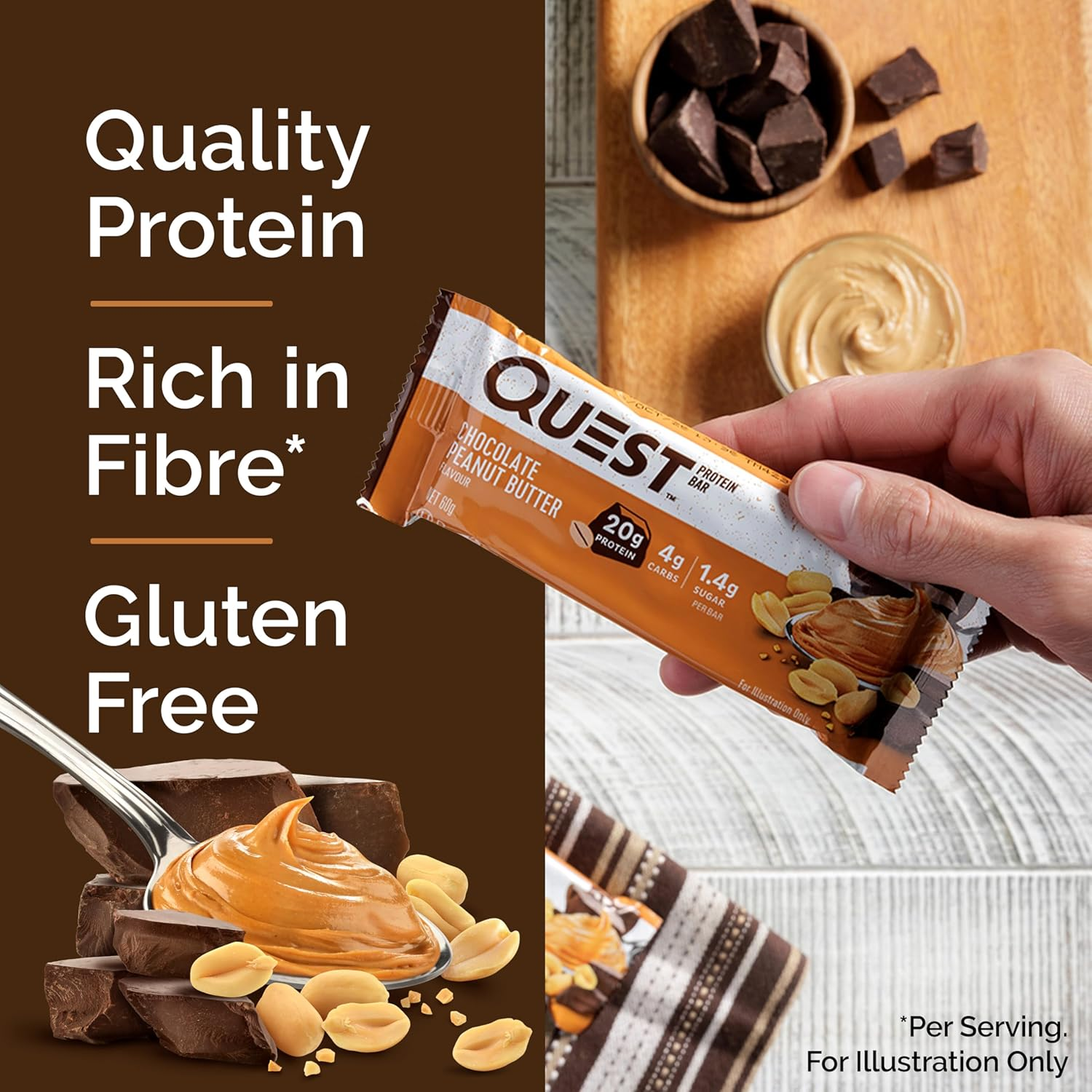 Quest Nutrition Chocolate Peanut Butter Protein Bar, High Protein, Low Carb, Gluten Free, Keto Friendly, 12 Count image number 3