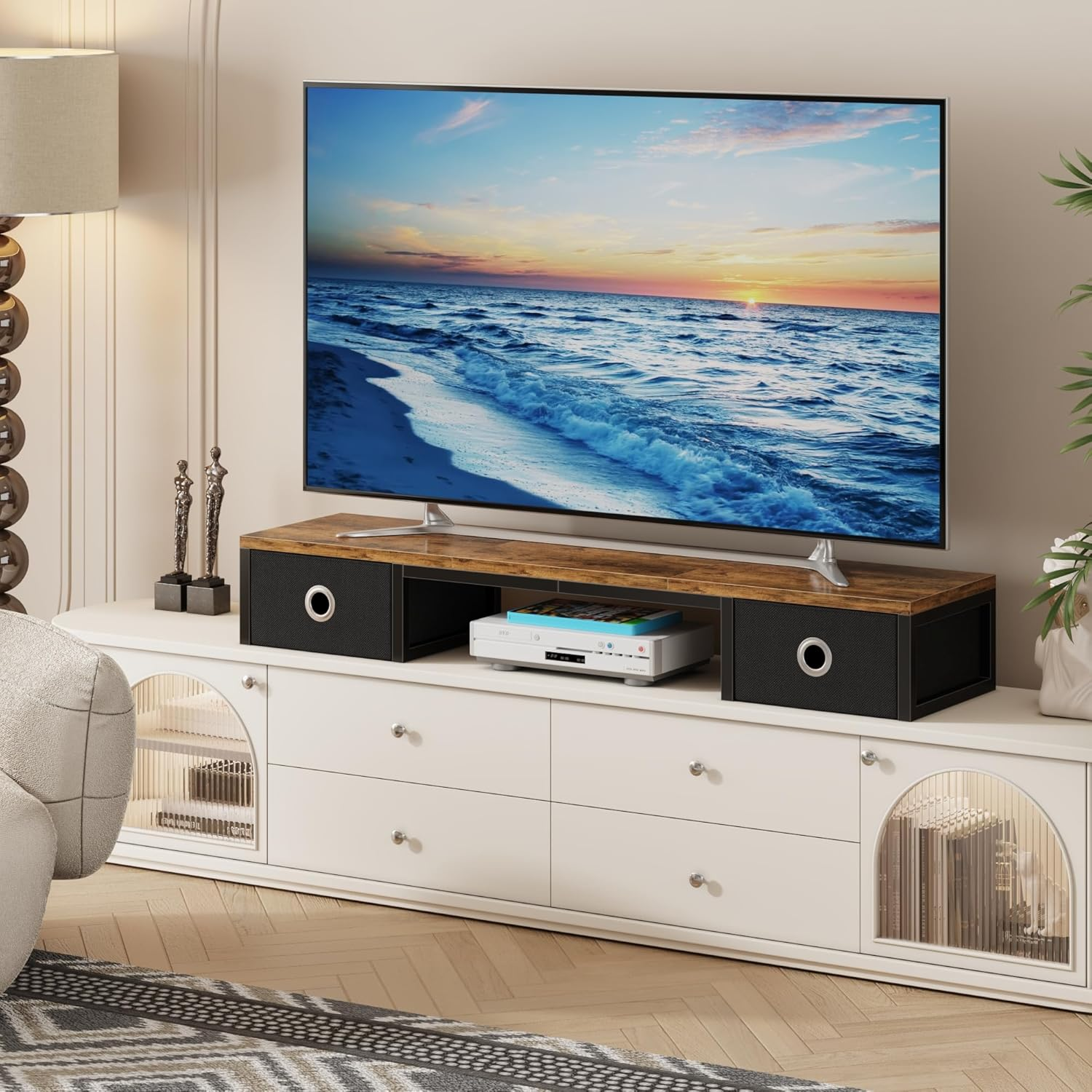 YAOHUOO 45" Large TV Riser with Fabric Drawers for 32-60 Inch TV, TV Stand Riser with Steel Legs, Tabletop TV Riser Shelf, Monitor Stand Riser for Home Office, Rustic Brown