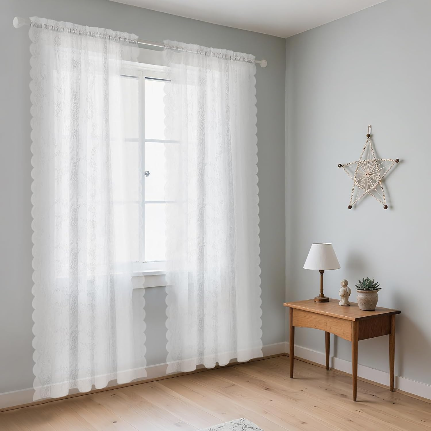 Neween Sheer Curtains White Floral Lace Curtains Rod Pocket Window Curtains Drapes for Short Curtains Bedroom, Each W145 X D160 Cm, Set of 2 Panels image number 6