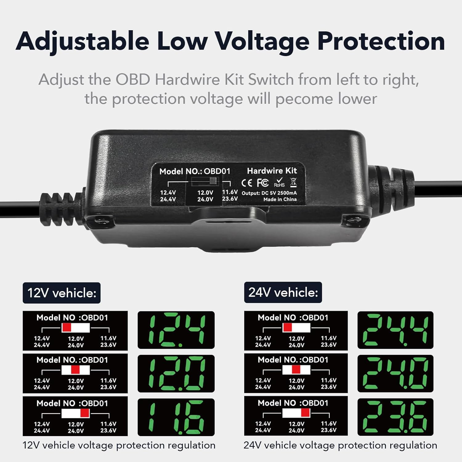 REDTIGER Dash Cam OBD Hardwire Kit Power Cable Type USB-C Connector 3M 12-24V to 5V for Dash Camera F7N/F7NP Low Voltage Protection image number 3